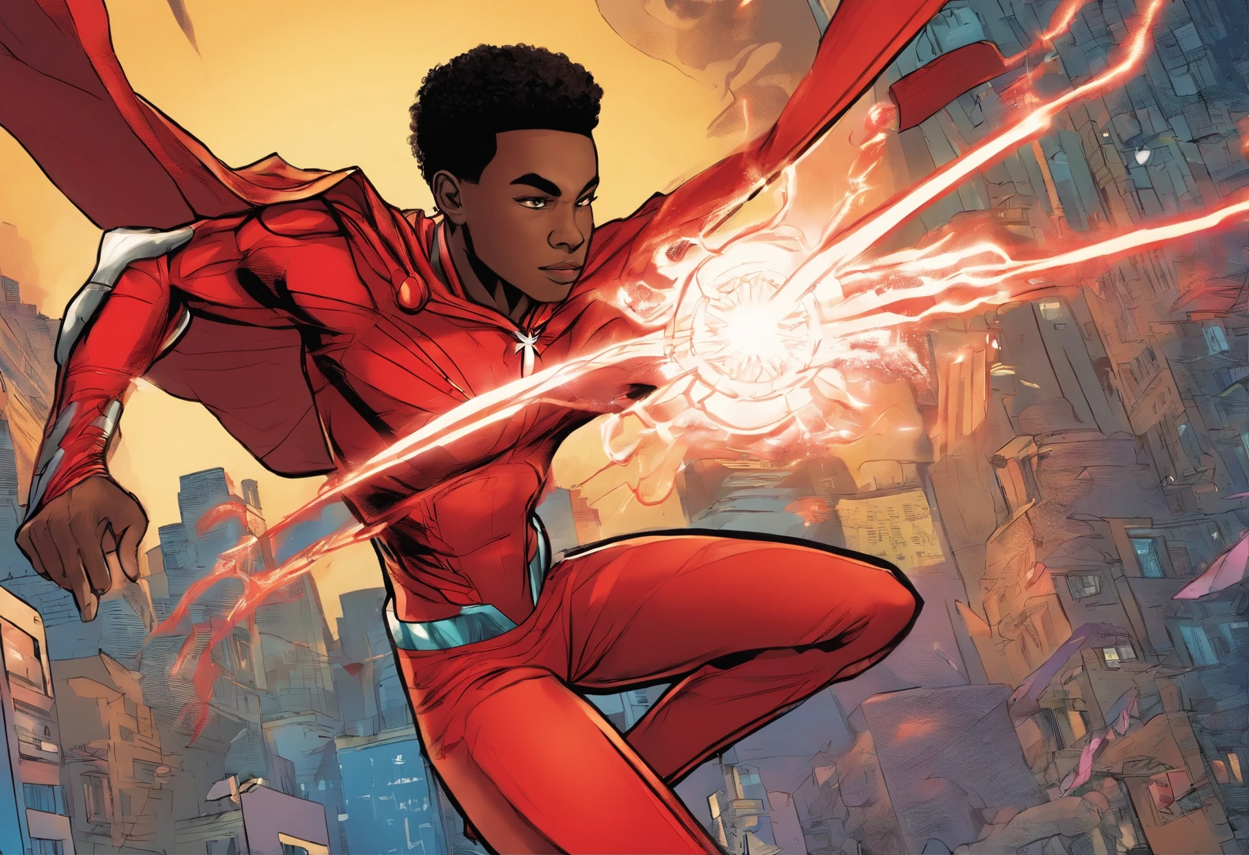 African-American teen boy using red powers in superhero suit similar to the scarlet witch