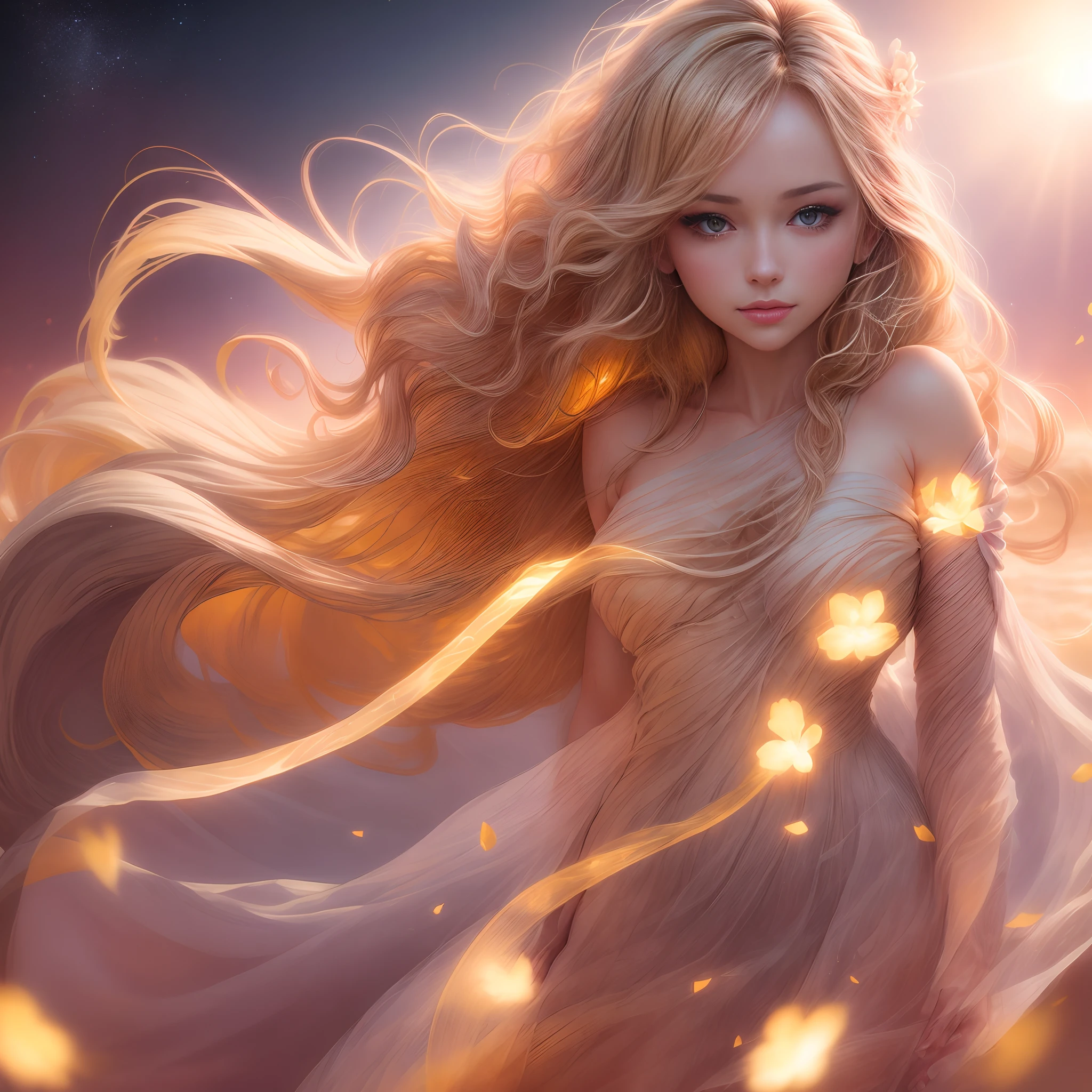 (best quality, masterpiece), young woman, pose, particle, wind, flower, upper body, simple background, looking at viewer, long curly windblown blonde hair, galaxy,backlit,rimlight,beautiful artwork,perfect composition