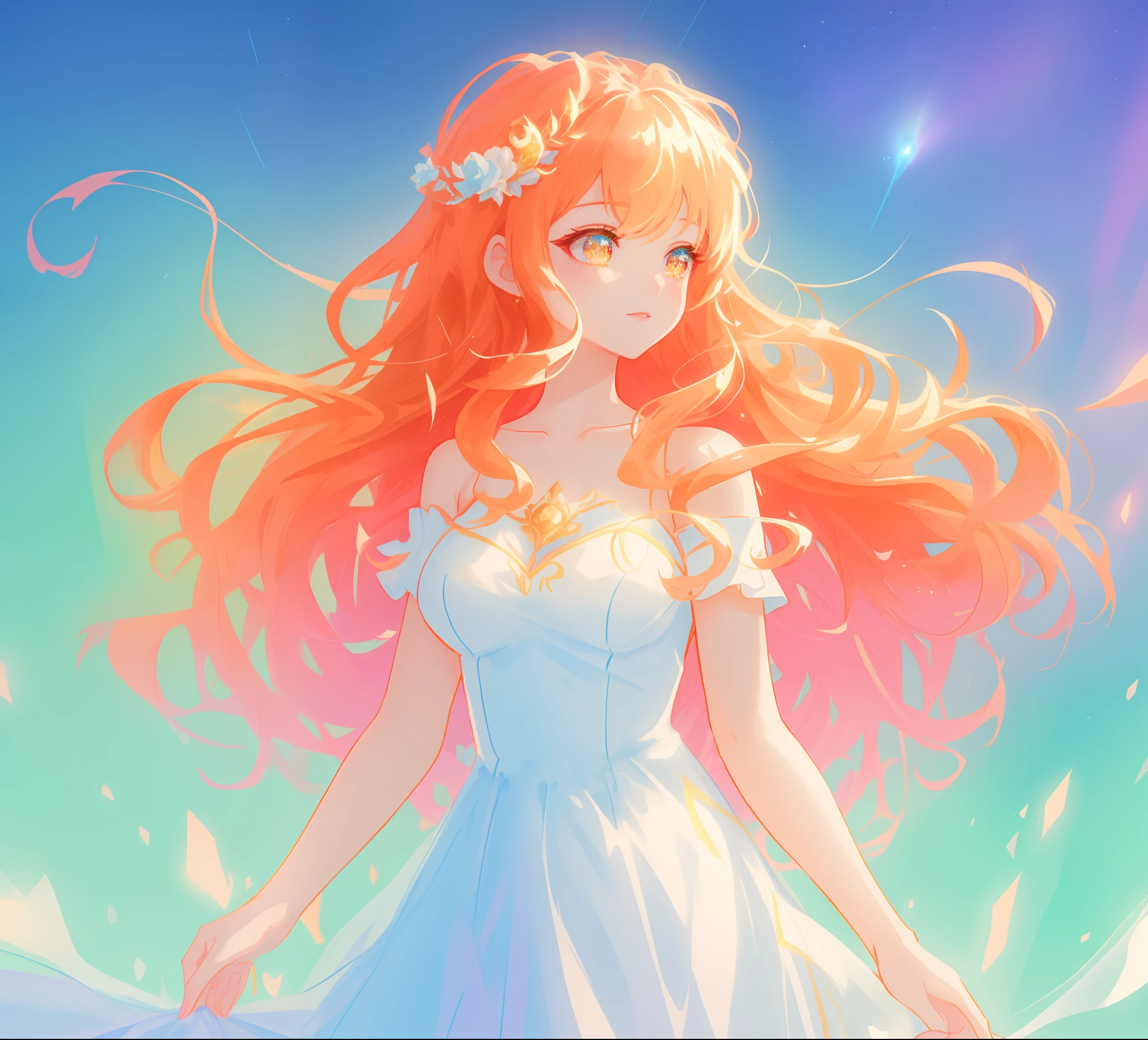 beautiful anime girl in white princess ballgown, vibrant pastel colors, (colorful), magical lights, red and gold long wavy curly hair, sparkling lines of light, inspired by Glen Keane, inspired by Lois van Baarle, disney art style, by Lois van Baarle, glowing aura around her, by Glen Keane, jen bartel, glowing lights! digital painting, flowing glowing hair, glowing flowing hair, beautiful digital illustration, fantasia background, whimsical, magical, fantasy, beautiful face, ((masterpiece, best quality)), intricate details, highly detailed, sharp focus, 8k resolution, sparkling detailed eyes, liquid watercolor