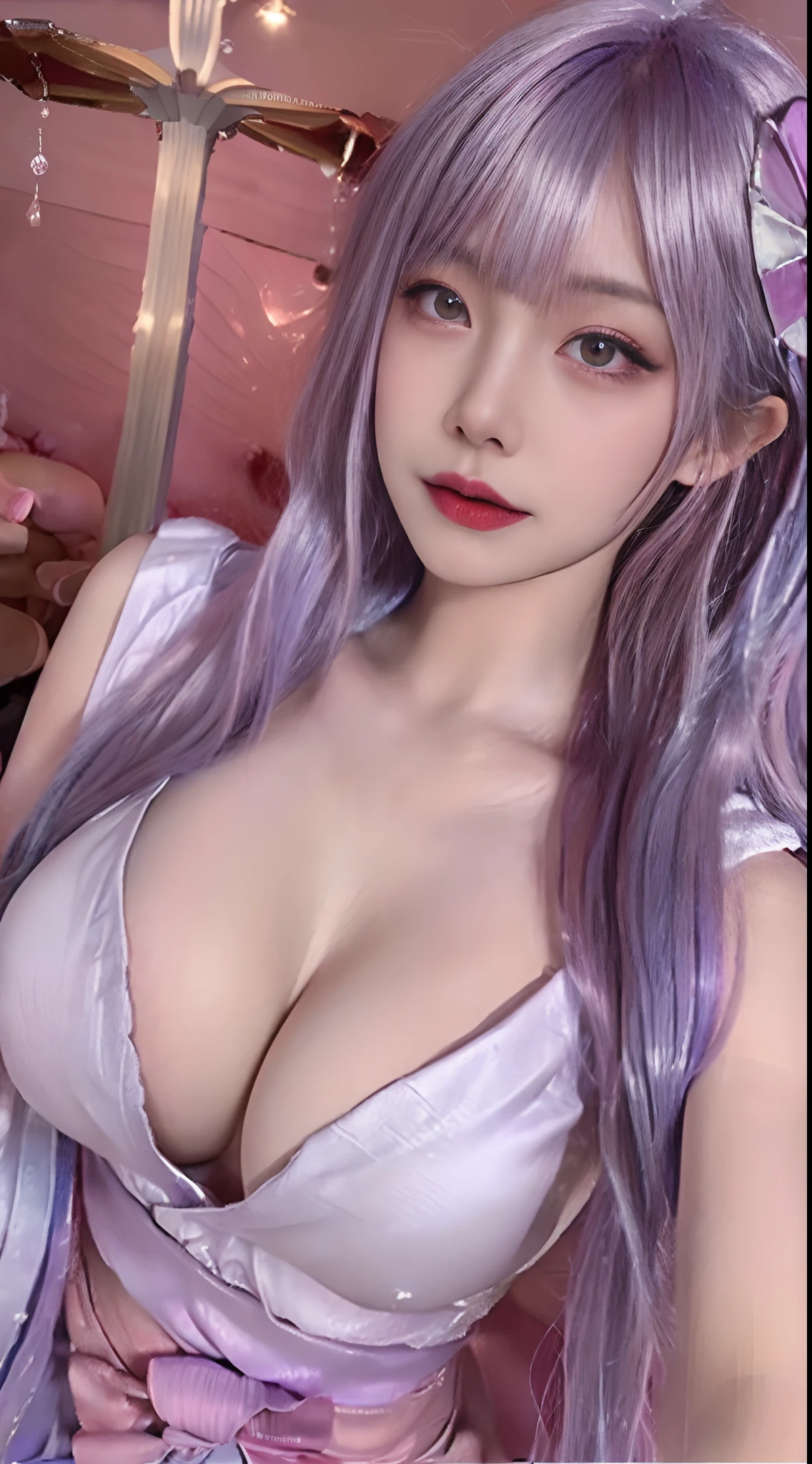 ((top-quality、8K、masterpiece:1.3))、(Japanese high school students:1.1)、full body Esbian、1人、Beautiful woman with slender abs:1.3、(Gigantic breasts:1.6), hyper detailed face、Very white skin、二重まぶた、A cute smile, yellow eyes, tall, ribbon headband, diamond necklace, ((silver hair, pink hair, Gradient hair:1.2, bangs)), cold face, breasts exposed (naked breasts), pleated school skirt:1.2, nipple erection, bedroom background, (From above), close up, pov paizuri, self breast grab.