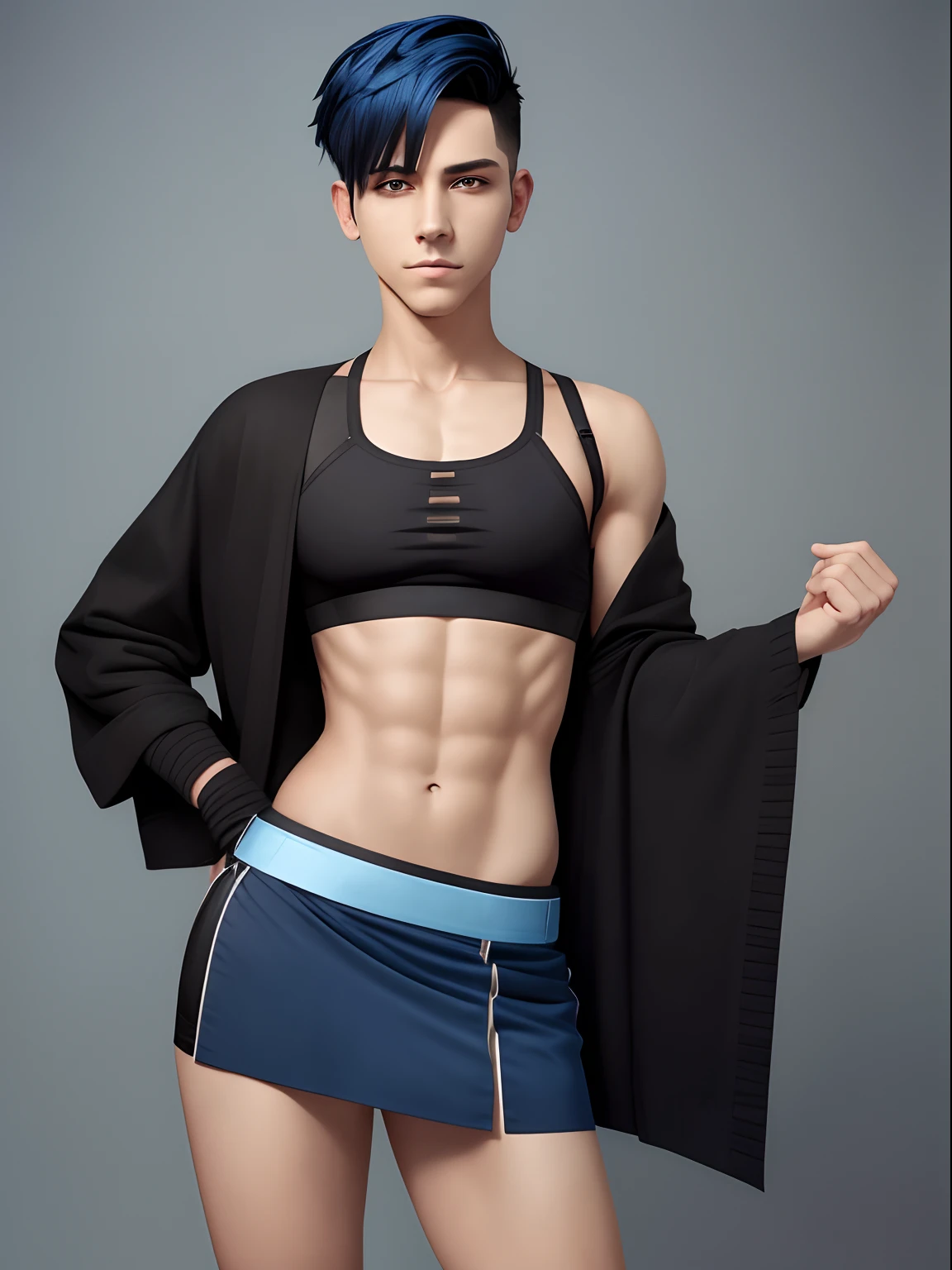 Nonbinary, androgynous, short hair, undercut, black sports bra, flat chest, blue hair, partial nudity, standing, hand on hip, smirk, skirt, mexican, cute, sexy, seductive, huge penis, flaccid, penis hanging out of skirt