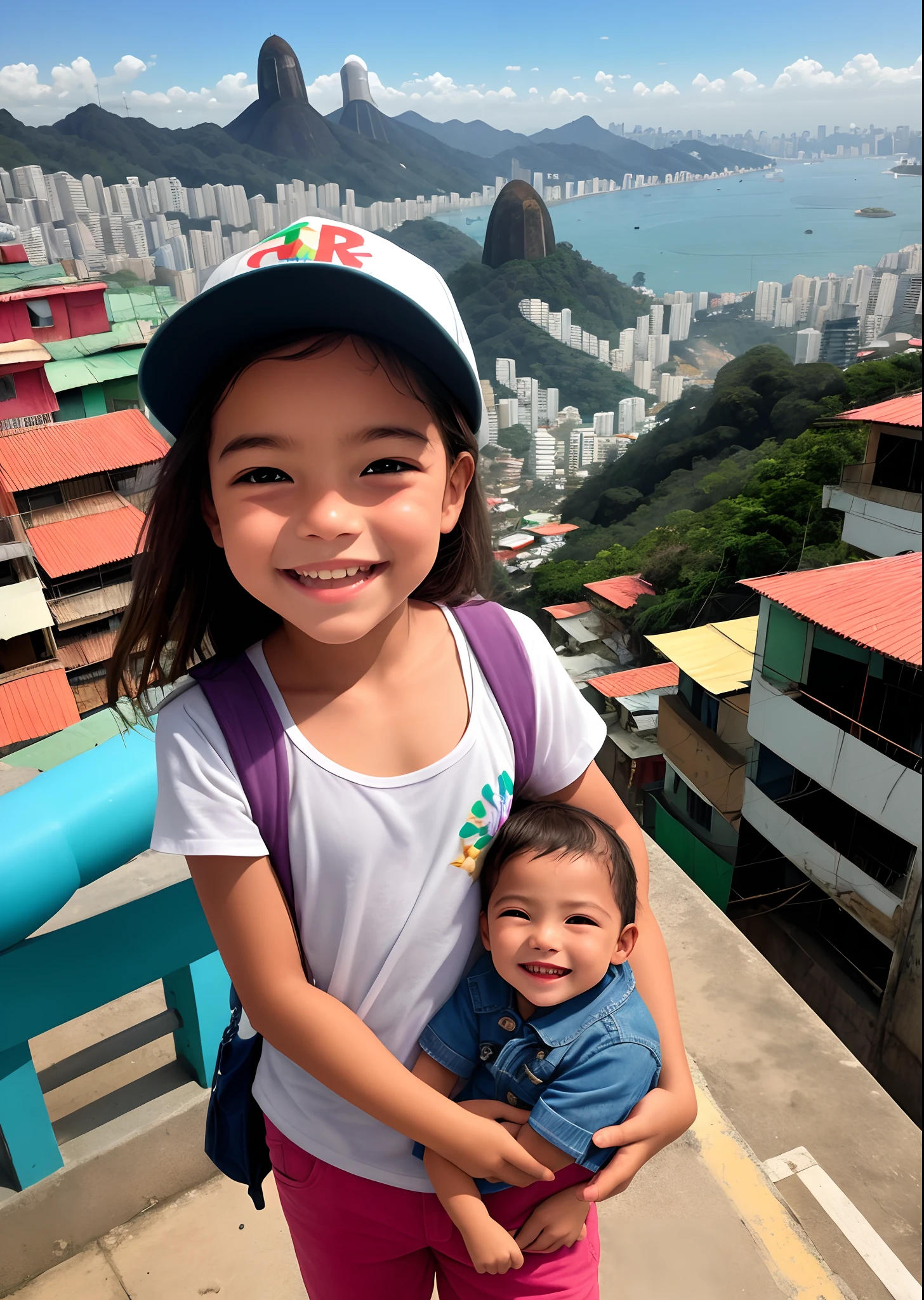 Crie uma imagem realista do rio de janeiro, smiling, favela e cristo rendentor
