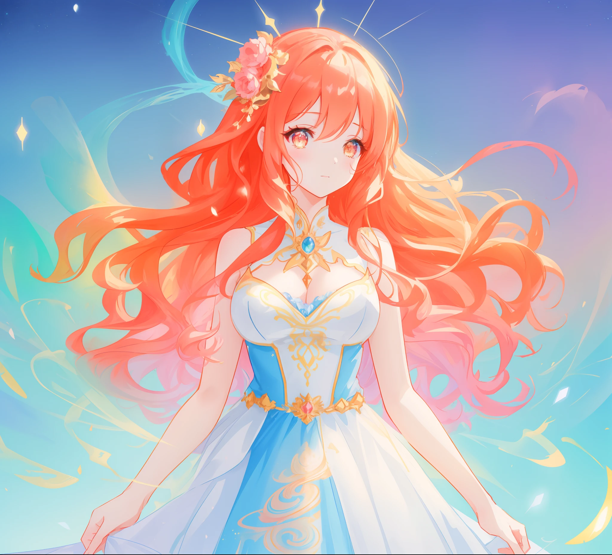 beautiful anime girl in white princess ballgown, vibrant pastel colors, (colorful), magical lights, red and gold long wavy curly hair, sparkling lines of light, inspired by Glen Keane, inspired by Lois van Baarle, disney art style, by Lois van Baarle, glowing aura around her, by Glen Keane, jen bartel, glowing lights! digital painting, flowing glowing hair, glowing flowing hair, beautiful digital illustration, fantasia background, whimsical, magical, fantasy, beautiful face, ((masterpiece, best quality)), intricate details, highly detailed, sharp focus, 8k resolution, sparkling detailed eyes, liquid watercolor