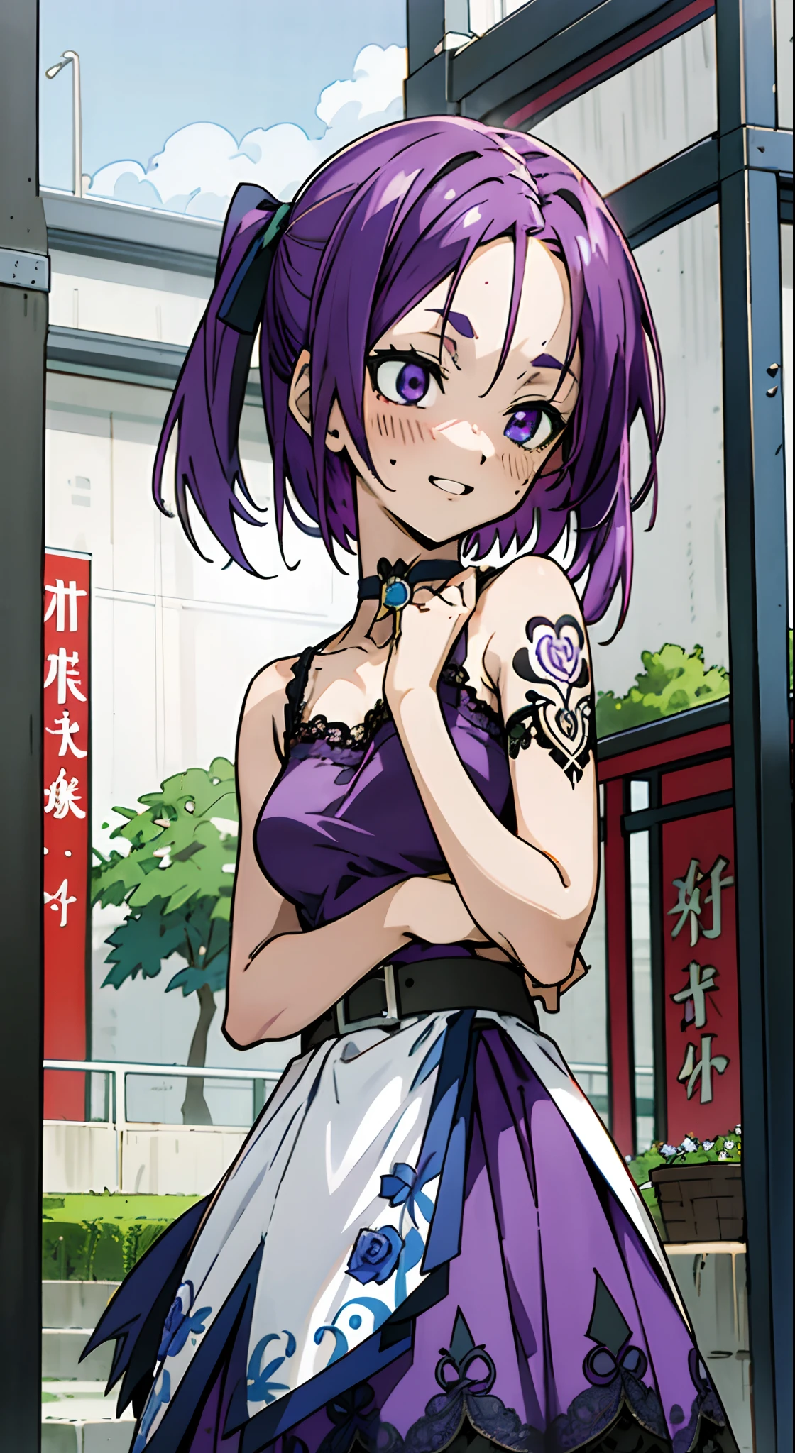 masutepiece, Best Quality, Ultra-detailed, Colorful,Up-close, Hyper-detailing，purple color  hair, Ultra-realistic hair quality, Vibrant colors, Beautuful Women, Beautiful long hair, Shiny hair, detailed hairs, Hair Ribbon, Single-sided up, Reo Mikage, Blue Lock, no sleeves, Camisole and cheongsam, blue camisole, blue dress, Dress, Lace dress, chinese clothes, Chest exposure, Lace underwear, Metamorphosis is exposed, Belt bag, Choker, Black Choker, arm warmer, complete fingers, five fingers, tattoo, body tattoo, arm tattoo, blue rose tattoo, wrist tattoo, Relative area, Sexy breasts, Big breasts, red blush, 1girl in, Solo, Sharp face, Heterochromia, Green eyes, Purple eyes, Bare neck, Happy face, beautiful sky, shining sky