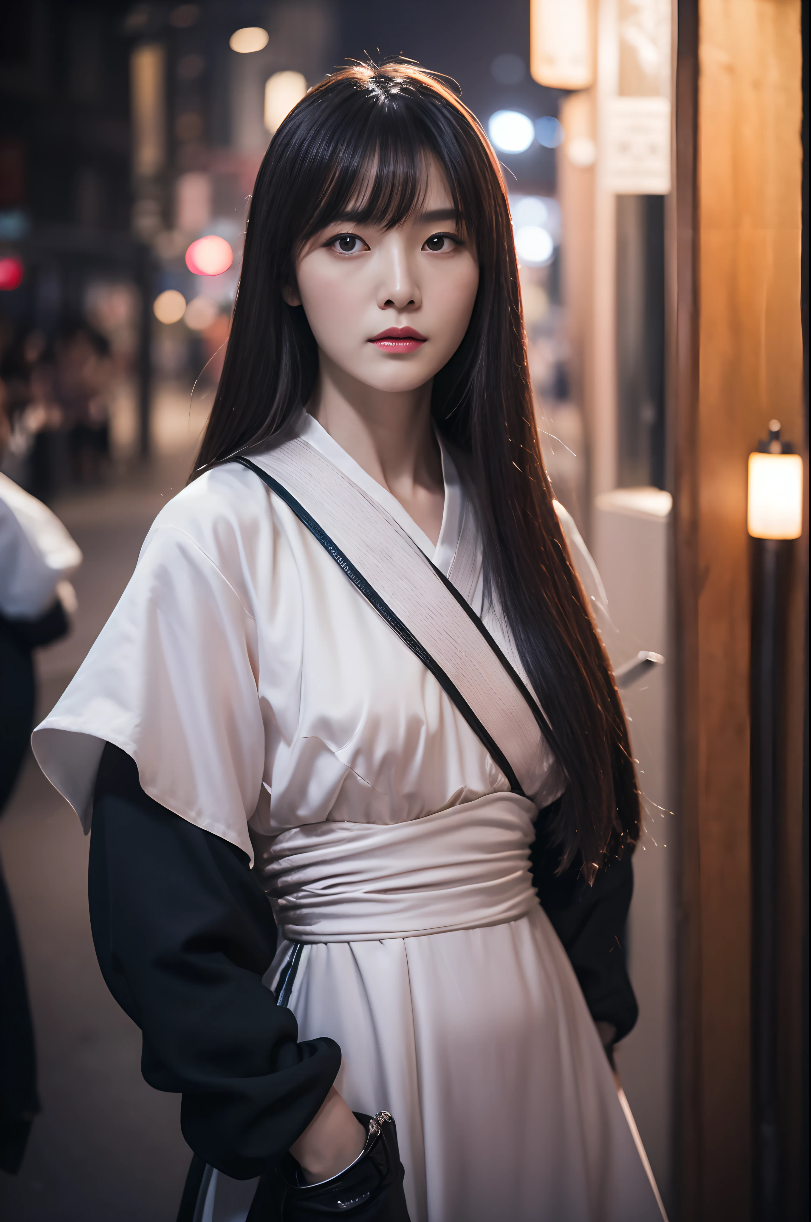 Masterpiece, Beth, Night, full moon, 1 female, Mature woman, Chinese style, Ancient China, Sister, Royal Sister, Cold face, Expressionless, Silver white long haired woman, Light pink lips, calm, Intellectual, Three bangs, Grey Eyes, assassins, Long sword, swordsman, Fighting, Street view, Facial details,