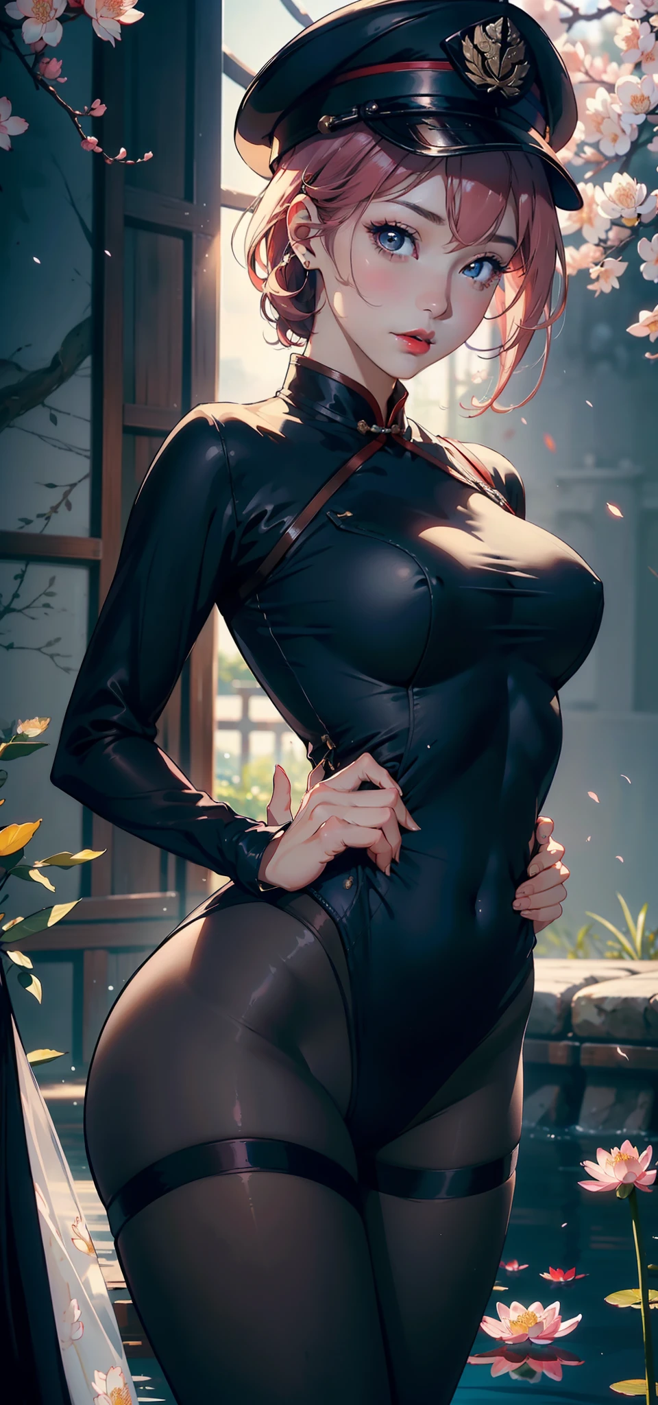 1female,45 yers old,Married Woman,熟妇,plumw,extremely large bosom, 独奏,(Background with:ponds,Cherry blossom forest,lotus flower)Lie underwater, She has short pink hair,seen from the front,, mostly cloudy sky,(((tmasterpiece),(Very detailed CG unity 8K wallpaper),best qualtiy,cinmatic lighting,detailed back ground,beatiful detailed eyes,Bright pupils,Black eyes,Snow-whiteskin,Redlip(Very fine and beautiful),(Beautiful and detailed eye description),ultra - detailed,tmasterpiece,))facing at camera,A high resolution,ultra - detailed),revealing breasts,Bare genitalia, Bulge,legs are open,Raised sexy,Camel toes,Desire for dissatisfaction,frontage,Chinese Air Force(Wearing:,Black tights,Bare ,military hat,Red cheongsam)