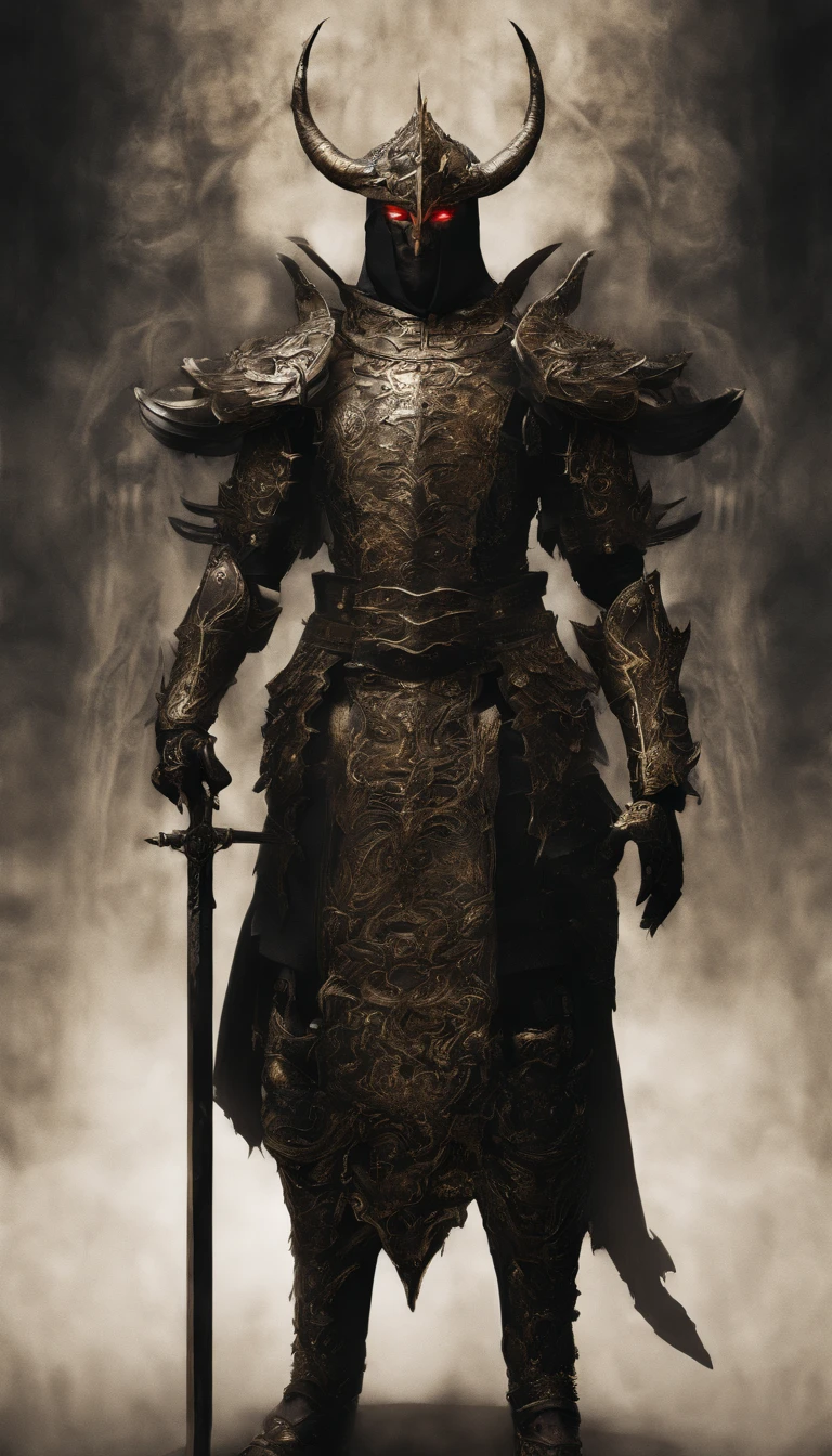 warrior, concept-art, author：Kishiganku, Fantasy art, battleground background, clean render, a horned, Wear a suit of armor, Detailed bushido form smoke, helmet of a forgotten deity, character is standing, 8k Realistic, in game render, detailed face background detail, Art station front page, taur, Pseudo-medieval fantasy, A deity wearing koi armor, detailed bronze armor, Bronze armor, golden etched armor, gold obsidian armor, Light gold armor, Gorgeous filigree armor, A demonic warrior, Gorgeous armor full of thorns, Intricate assasin armor, Intricate metal armor, powerful warrior, Dressed in gorgeous gold armor，Decorated with intricate patterns, The helmet has a large crown and two horns,Glowing red eyes， Everything is in the dark, The smoky background hints at battle scenes, Add an ominous aura to his character，submission, Full body shot.
