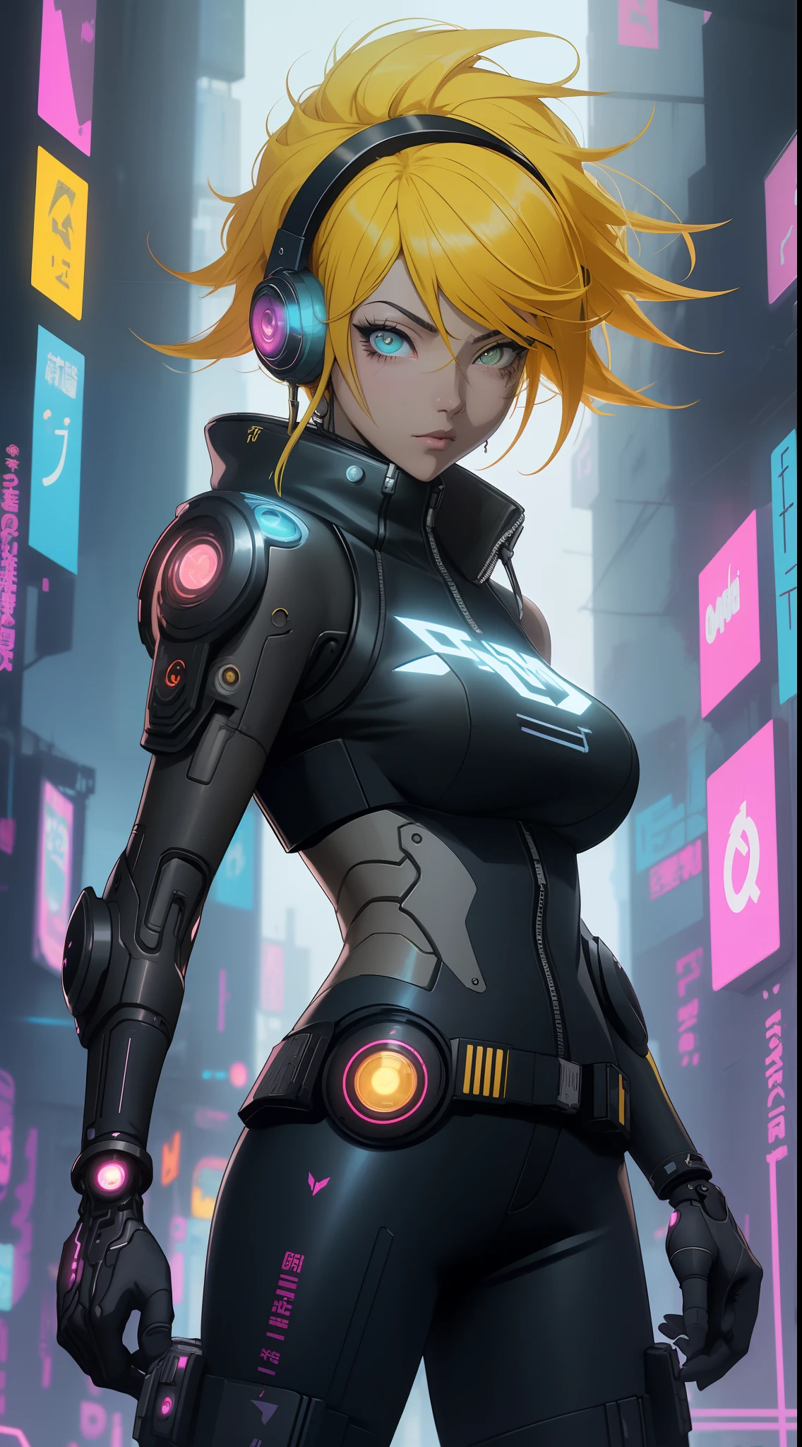 Cyber girl with headphones and a gun in a futuristic city, Oppai cyberpunk, Arte digital cyberpunk anime, Cyberpunk anime chica mech, Anime Arte cyberpunk, Mejor fondo de pantalla de Anime 4K Konachan, Chica femenina de anime cyberpunk, (Digital Cyberpunk:1.4), -Arte Anime, Chica de anime cyberpunk,(cabello verde amarillo:1.4),Badass Anime 8K, arte de anime cyberpunk, Wojtek FUS, Estilo anime 4K,motor irreal:1.4,UHD,La mejor calidad:1.4, fotorrealista:1.4, textura de la piel:1.4, obra maestra:1.8,obra-prima, mejor calidad,(Beautiful and detailed eye description),