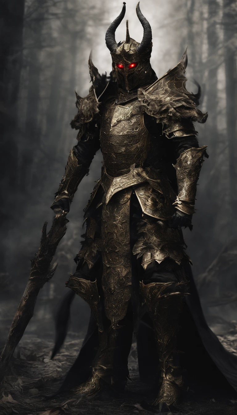 warrior, concept-art, author：Kishiganku, Fantasy art, battleground background, clean render, a horned, Wear a suit of armor, Detailed bushido form smoke, helmet of a forgotten deity, character is standing, 8k Realistic, in game render, detailed face background detail, Art station front page, taur, Pseudo-medieval fantasy, A deity wearing koi armor, detailed bronze armor, Bronze armor, golden etched armor, gold obsidian armor, Light gold armor, Gorgeous filigree armor, A demonic warrior, Gorgeous armor full of thorns, Intricate assasin armor, Intricate metal armor, powerful warrior, Dressed in gorgeous gold armor，Decorated with intricate patterns, The helmet has a large crown and two horns,Glowing red eyes， Everything is in the dark, The smoky background hints at battle scenes, Add an ominous aura to his character，submission, Full body shot.