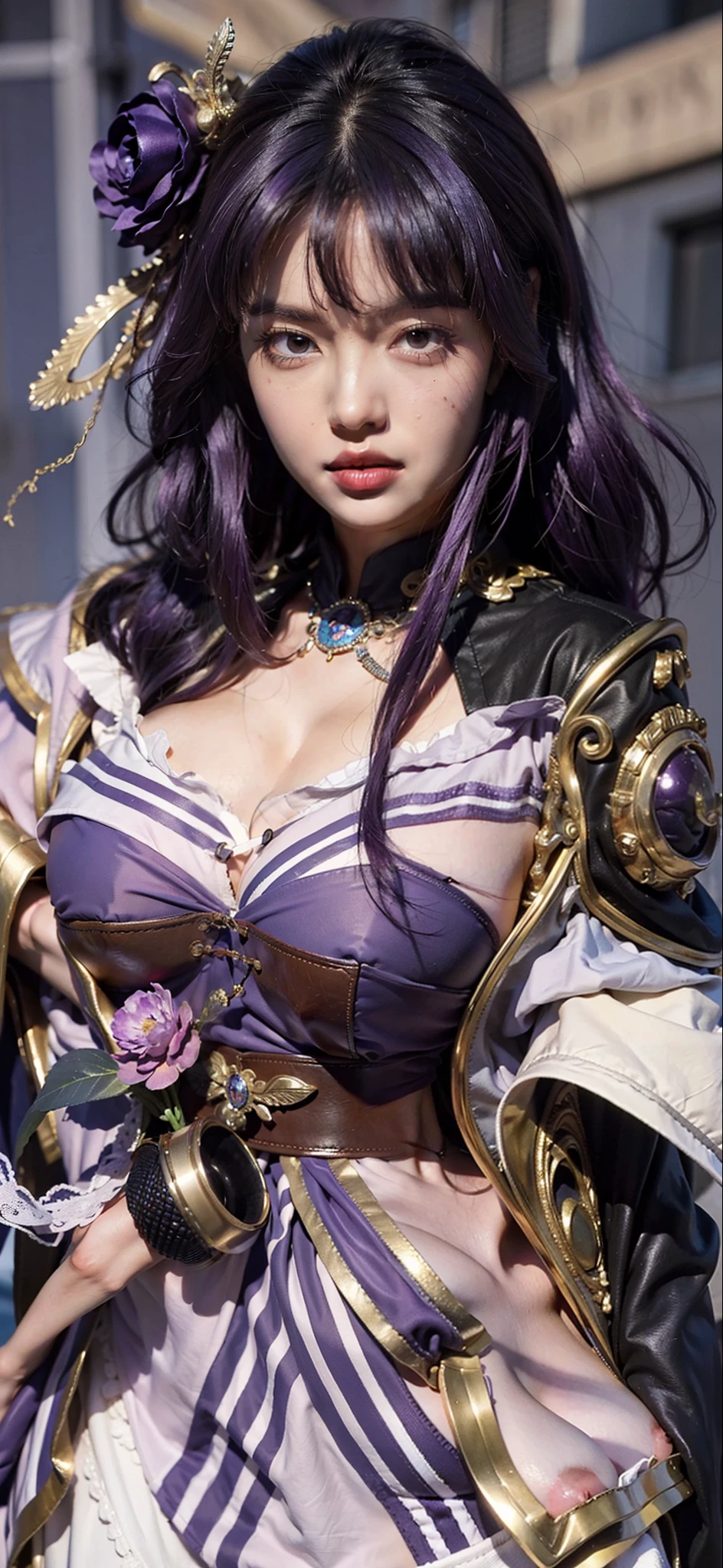 Best quality, masterpiece, big boobs, (large breasts), detailed skin texture, detailed cloth texture, detailed face, super detail, 8k, intricate detail, 1girl, purple hair, pretty lips