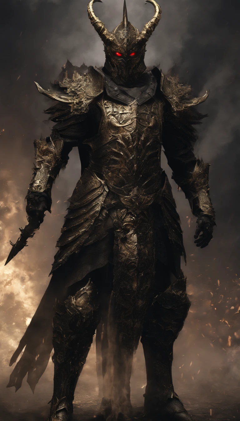 warrior, concept-art, author:Kishiganku, Fantasy art, battleground background, clean render, a horned, Wear a suit of armor, Detailed bushido form smoke, helmet of a forgotten deity, character is standing, 8k Realistic, in game render, detailed face background detail, Art station front page, taur, Pseudo-medieval fantasy, A deity wearing koi armor, detailed bronze armor, Bronze armor, golden etched armor, gold obsidian armor, Light gold armor, Gorgeous filigree armor, A demonic warrior, Gorgeous armor full of thorns, Intricate assasin armor, Intricate metal armor, powerful warrior, Dressed in gorgeous gold armor,Decorated with intricate patterns, The helmet has a large crown and two horns,Glowing red eyes, Everything is in the dark, The smoky background hints at battle scenes, Add an ominous aura to his character,submission, Full body shot.