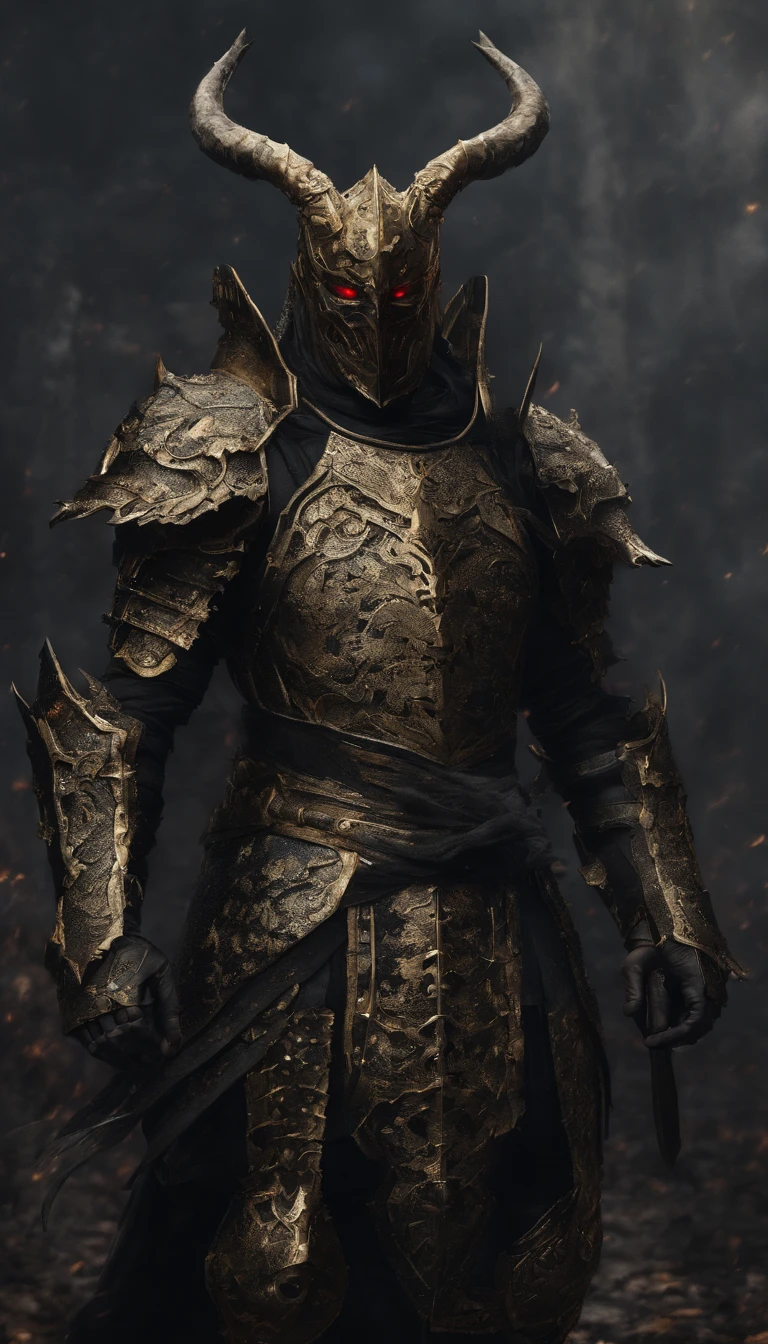warrior, concept-art, author:Kishiganku, Fantasy art, battleground background, clean render, a horned, Wear a suit of armor, Detailed bushido form smoke, helmet of a forgotten deity, character is standing, 8k Realistic, in game render, detailed face background detail, Art station front page, taur, Pseudo-medieval fantasy, A deity wearing koi armor, detailed bronze armor, Bronze armor, golden etched armor, gold obsidian armor, Light gold armor, Gorgeous filigree armor, A demonic warrior, Gorgeous armor full of thorns, Intricate assasin armor, Intricate metal armor, powerful warrior, Dressed in gorgeous gold armor,Decorated with intricate patterns, The helmet has a large crown and two horns,Glowing red eyes, Everything is in the dark, The smoky background hints at battle scenes, Add an ominous aura to his character,submission, Full body shot.