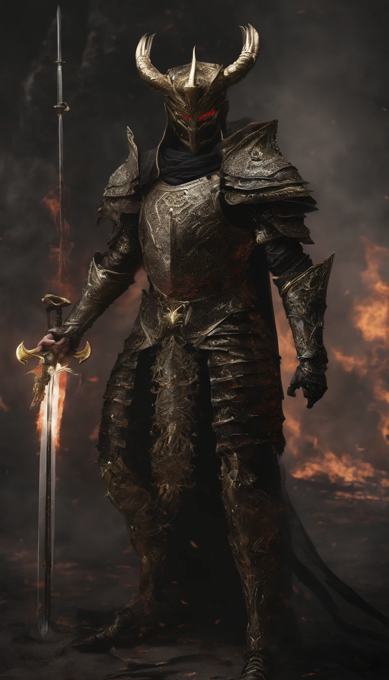 warrior, concept-art, author：Kishiganku, Fantasy art, battleground background, clean render, a horned, Wear a suit of armor, Detailed bushido form smoke, helmet of a forgotten deity, character is standing, 8k Realistic, in game render, detailed face background detail, Art station front page, taur, Pseudo-medieval fantasy, A deity wearing koi armor, detailed bronze armor, Bronze armor, golden etched armor, gold obsidian armor, Light gold armor, Gorgeous filigree armor, A demonic warrior, Gorgeous armor full of thorns, Intricate assasin armor, Intricate metal armor, powerful warrior, Dressed in gorgeous gold armor，Decorated with intricate patterns, The helmet has a large crown and two horns,Glowing red eyes， Everything is in the dark, The smoky background hints at battle scenes, Add an ominous aura to his character，submission, Full body shot.