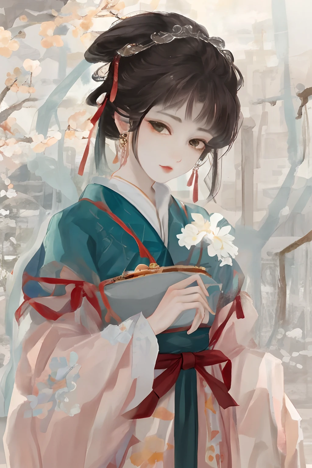 An ancient Chinese beauty sitting on a stone, wearing ancient Chinese clothing, flowing tulle, light silk, lazy posture, large lotus leaf, lotus, ink painting style, clean color, decisive cutting, blank, freehand, masterpiece, super detailed, epic composition, high quality, the highest quality, 4k --v 6