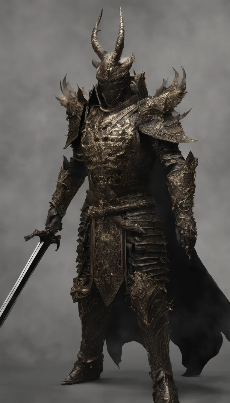 warrior, concept-art, author：Kishiganku, Fantasy art, battleground background, clean render, a horned, Wear a suit of armor, Detailed bushido form smoke, helmet of a forgotten deity, character is standing, 8k Realistic, in game render, detailed face background detail, Art station front page, taur, Pseudo-medieval fantasy, A deity wearing koi armor, detailed bronze armor, Bronze armor, golden etched armor, gold obsidian armor, Light gold armor, Gorgeous filigree armor, A demonic warrior, Gorgeous armor full of thorns, Intricate assasin armor, Intricate metal armor, powerful warrior, Dressed in gorgeous gold armor，Decorated with intricate patterns, The helmet has a large crown and two horns,Glowing red eyes， Everything is in the dark, The smoky background hints at battle scenes, Add an ominous aura to his character，submission, Full body shot.