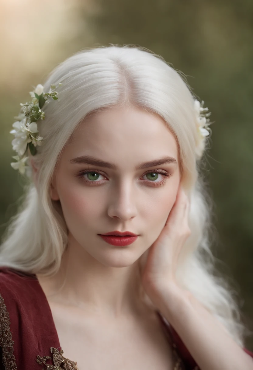 (((a deep reddish wound crosses her left cheek))) fair complexion, woman around 19 years old, natural white hair, distinctive green eyes, wearing kohl, slender and graceful, beautiful, candlelight in a medieval setting, ultra sharp focus, realistic shot, medieval female clothes, tetradic colors (scar:1.4)