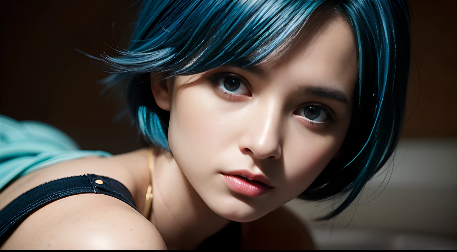 ((blue hair)), short hair, ((brown eyes)), white skin, 18 year old, half body portrait, beauty, 1, slender, extremely beautiful face, exquisite face, seductive look