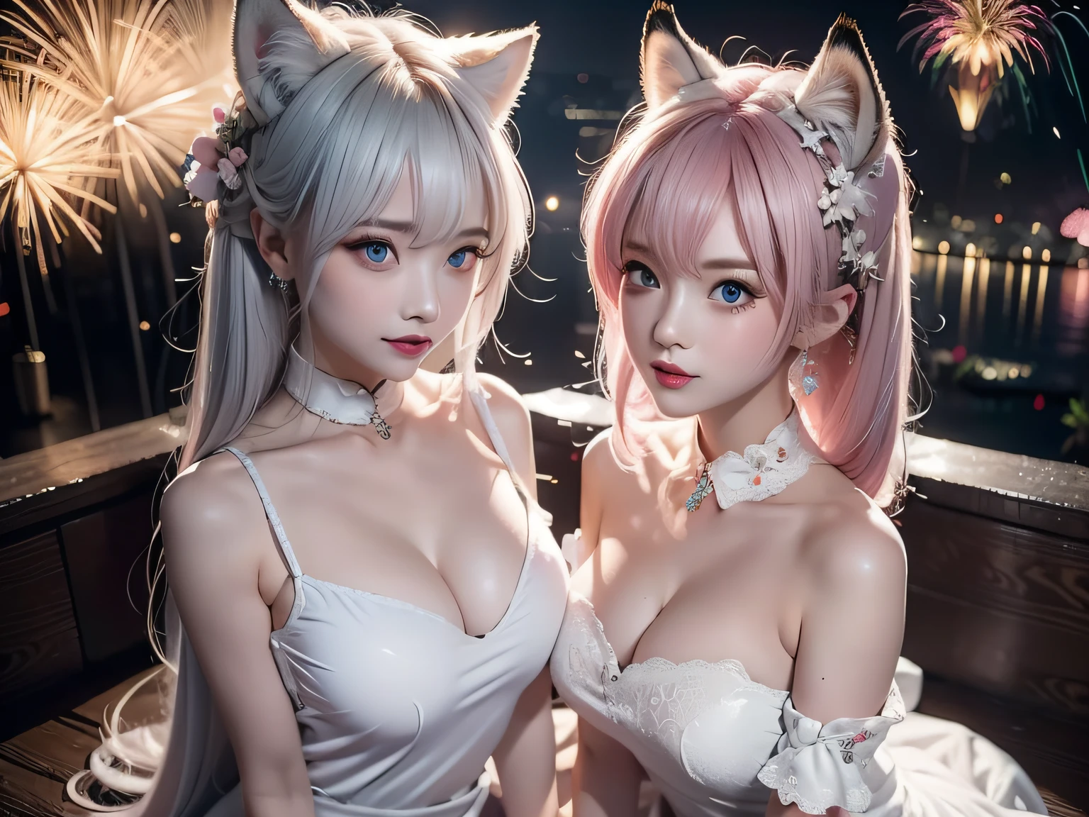 Two Miss Fox Demons，T-shirt wraps around your neck，High collar、High collar、High collar、High collar、High collar、High collar、Fox Devil Fox Years White Hair Girl，Overlooking the night view of Chang'an，Sexy and feminine，sit pose，Fluffy fox ears，fox tails，No ears，reddish tones，Gorgeous fireworks background，Pink floral maxi dress，The beauty of fox ears alone，Cover chest，Clan Girl，Fox's eye，Enchanted，Charming， K， best qualtiy， tmasterpiece，  Raised sexy， Highly detailed face and eyes， professional make up， ，， glow blue eyes，Pink-haired girl with fox ears、Camera angle from above、Looking here、
