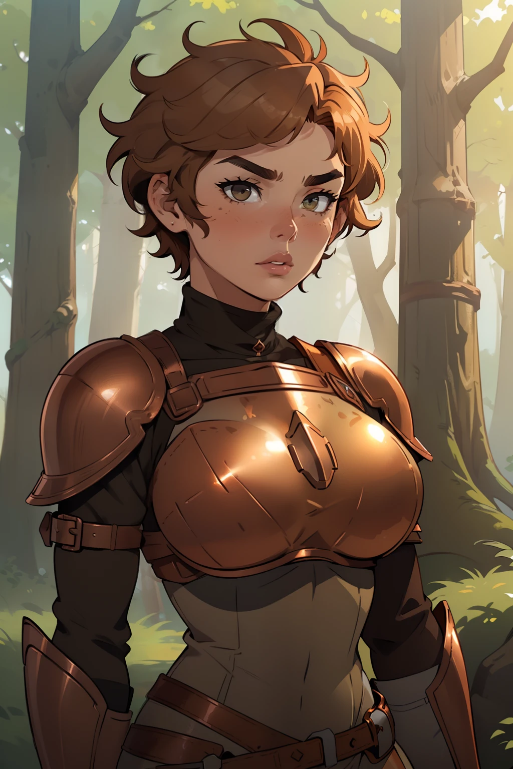 Solo, female, (((short hair, messy hair, stubby eyebrows))), (copper armor), tan tunic, tan skin, ginger hair, ginger eyes, wide eyes, nervous, scared, thick lips, lipstick, forest, big breasts, turtleneck, (copper chestpiece, copper shoulderpads)