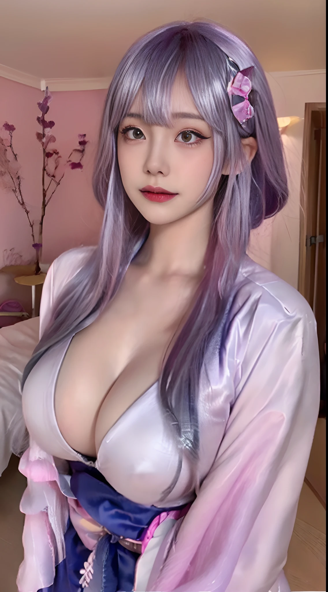 ((top-quality、8K、masterpiece:1.3))、(Japanese high school students:1.1)、full body Esbian、1人、Beautiful woman with slender abs:1.3、(Gigantic breasts:1.6), hyper detailed face、Very white skin、二重まぶた、A cute smile, yellow eyes, tall, ribbon headband, diamond necklace, ((silver hair, pink hair, Gradient hair:1.2, bangs)), cold face, breasts exposed (naked breasts), pleated school skirt:1.2, nipple erection, bedroom background, (From above), close up, pov paizuri, self breast grab.
