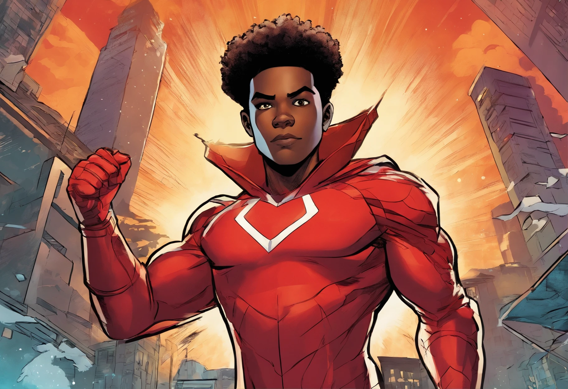 African-American teen boy using red powers in superhero suit similar to the scarlet witch