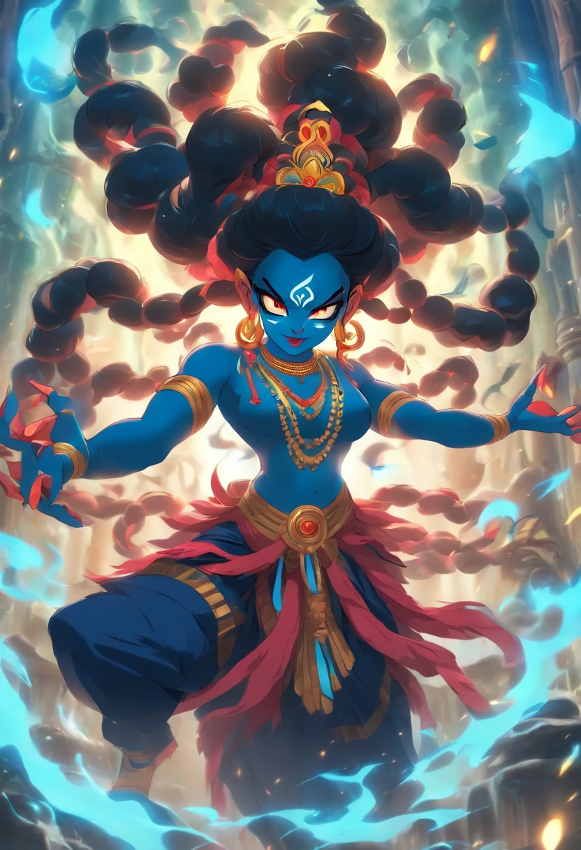 (((KALI))) best quality, ultra-high resolution, 4K detailed CG, master piece, KALI, Hindu goddess,Dancing, Hindu mythology, Hindu image,((full body), aesthetic, centered on screen,full body