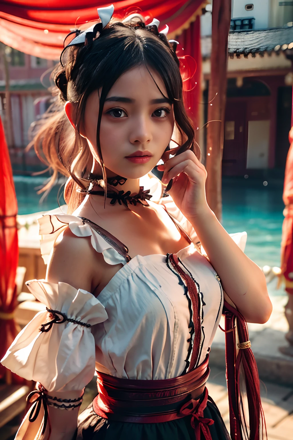 Best Quality, ultra hi res, photoreaslistic, a photography of a beautiful woman, Teenage in the 30s, Detailed face, Black nasty fishtail blade, (detailed porcelain doll,delicate clothes with a lot of frills and ribbons), Beach, (close up of face), Seductive look, Looking at Viewer