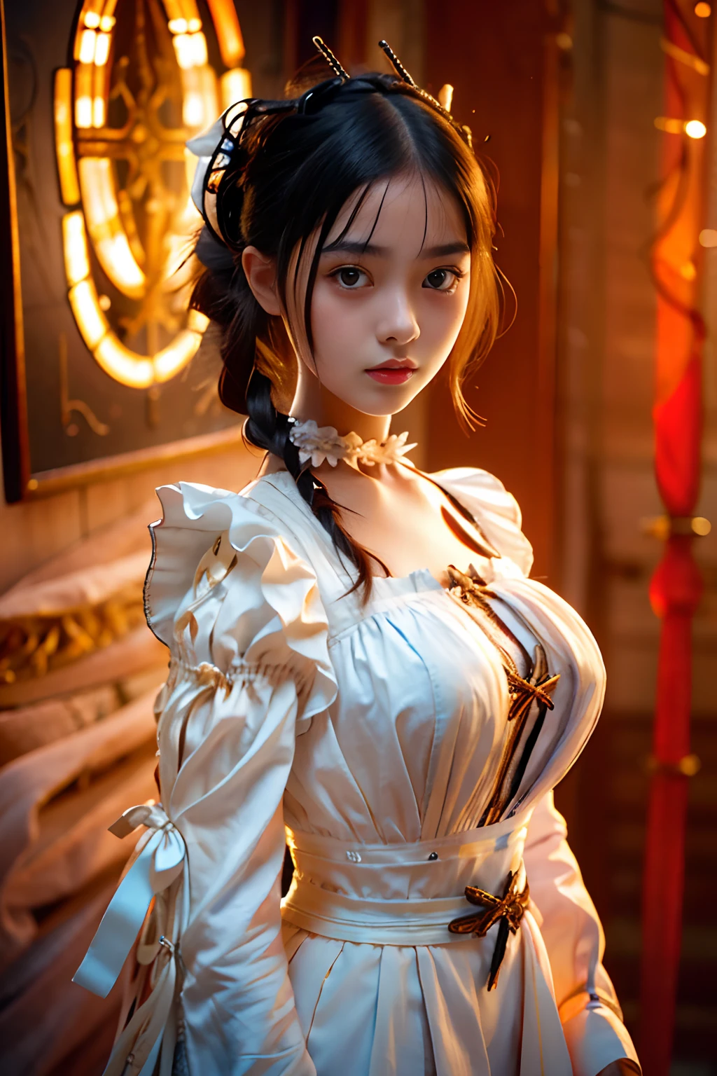 Best Quality, ultra hi res, photoreaslistic, a photography of a beautiful woman, Teenage in the 30s, Detailed face, Black nasty fishtail blade, (detailed porcelain doll,delicate clothes with a lot of frills and ribbons), Beach, (close up of face), Seductive look, Looking at Viewer