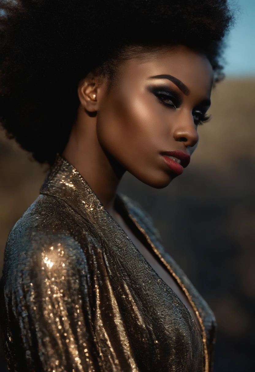 Destini, Femme noire, yeux de biches, pouty lips, avec des cheveux frises noirs, black woman
