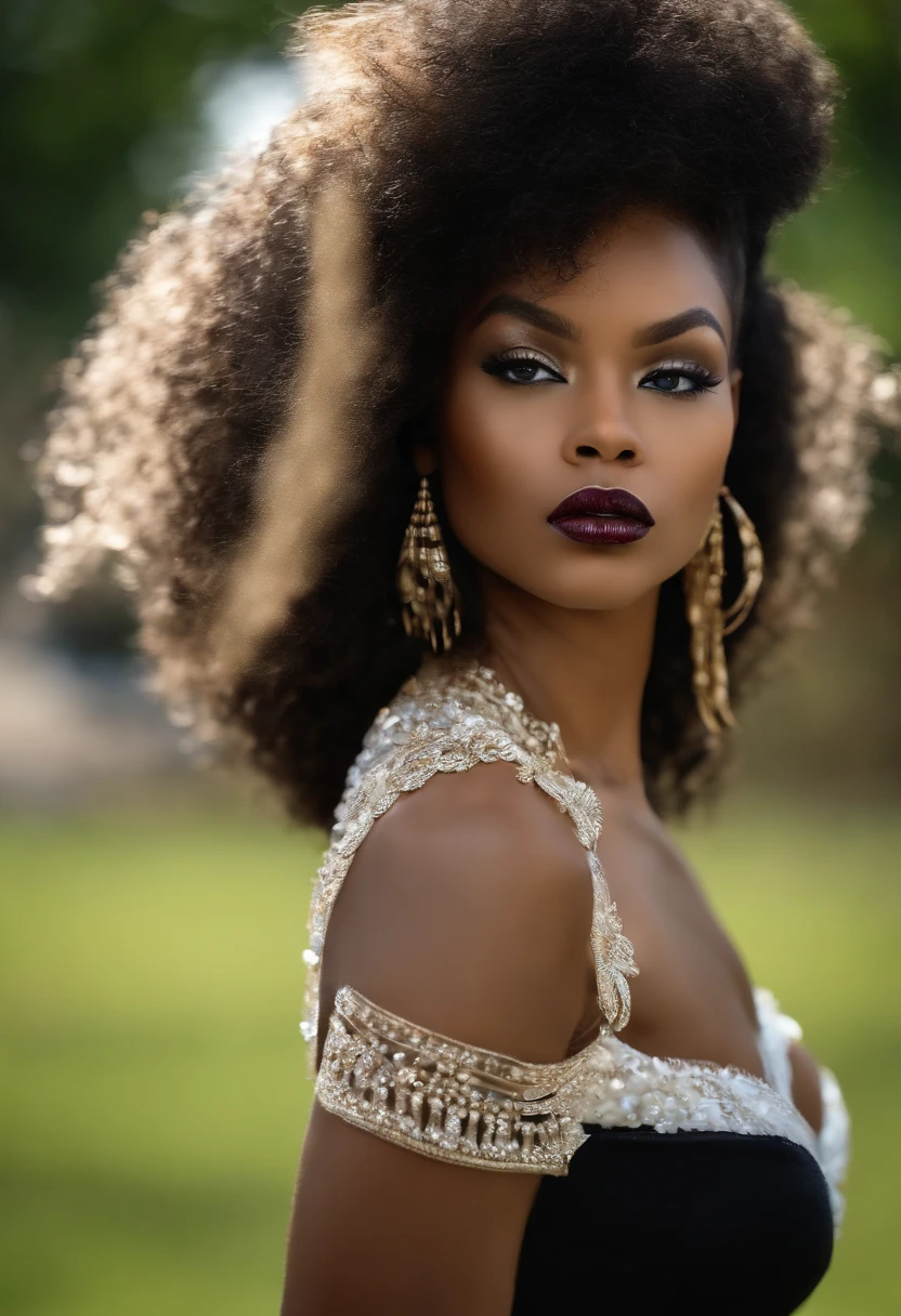 Destini, Femme noire, yeux de biches, pouty lips, avec des cheveux frises noirs, black woman