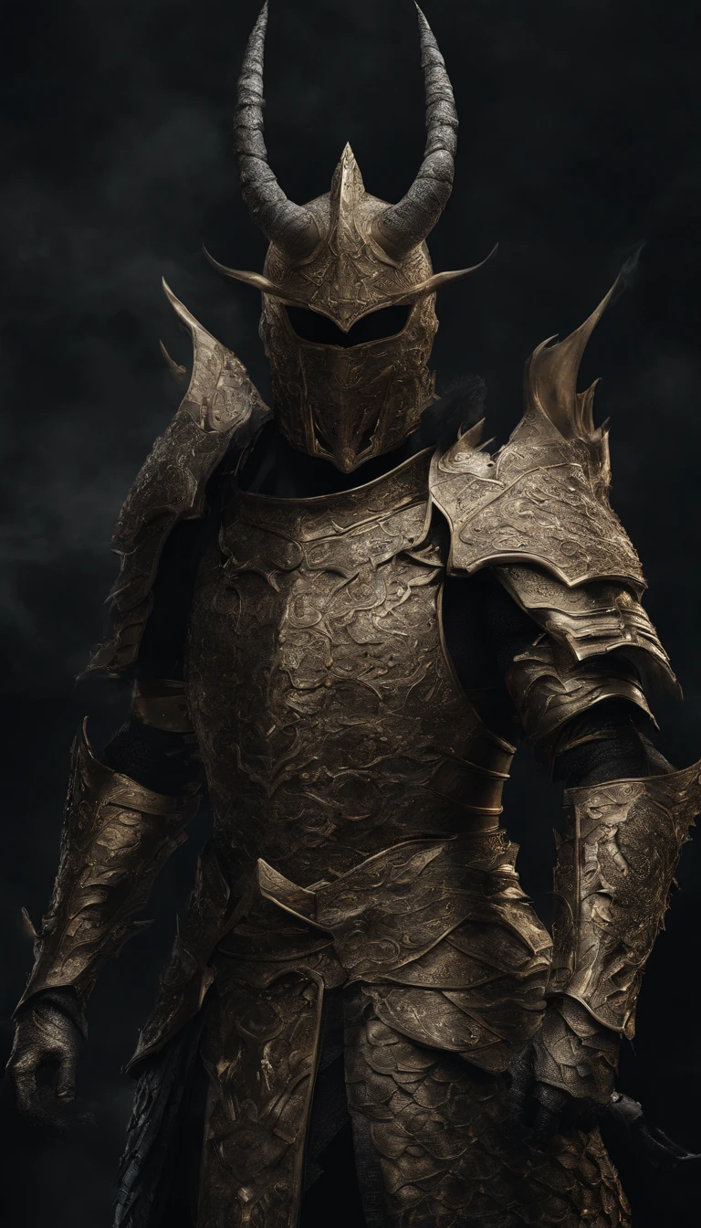 warrior, concept-art, author:Kishiganku, Fantasy art, battleground background, clean render, a horned, Wear a suit of armor, Detailed bushido form smoke, helmet of a forgotten deity, character is standing, 8k Realistic, in game render, detailed face background detail, Art station front page, taur, Pseudo-medieval fantasy, A deity wearing koi armor, detailed bronze armor, Bronze armor, golden etched armor, gold obsidian armor, Light gold armor, Gorgeous filigree armor, A demonic warrior, Gorgeous armor full of thorns, Intricate assasin armor, Intricate metal armor, powerful warrior, Dressed in gorgeous gold armor,Decorated with intricate patterns, The helmet has a large crown and two horns,Glowing red eyes, Everything is in the dark, The smoky background hints at battle scenes, Add an ominous aura to his character,submission, Full body shot.