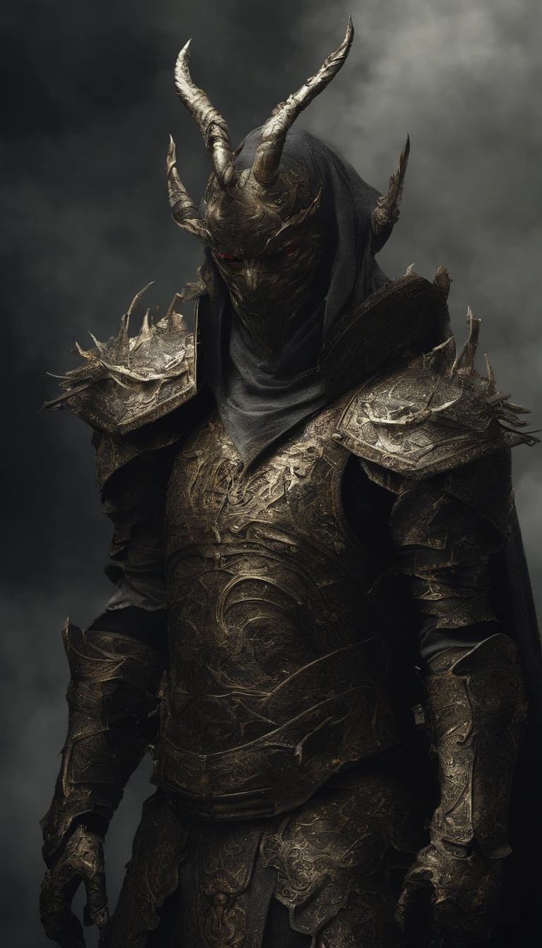 warrior, concept-art, author:Kishiganku, Fantasy art, battleground background, clean render, a horned, Wear a suit of armor, Detailed bushido form smoke, helmet of a forgotten deity, character is standing, 8k Realistic, in game render, detailed face background detail, Art station front page, taur, Pseudo-medieval fantasy, A deity wearing koi armor, detailed bronze armor, Bronze armor, golden etched armor, gold obsidian armor, Light gold armor, Gorgeous filigree armor, A demonic warrior, Gorgeous armor full of thorns, Intricate assasin armor, Intricate metal armor, powerful warrior, Dressed in gorgeous gold armor,Decorated with intricate patterns, The helmet has a large crown and two horns,Glowing red eyes, Everything is in the dark, The smoky background hints at battle scenes, Add an ominous aura to his character,submission, Full body shot.