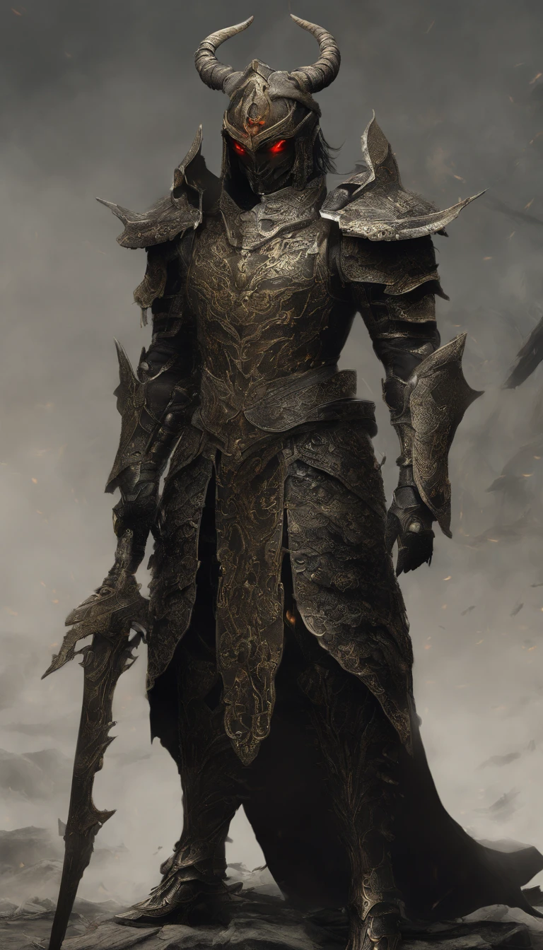warrior, concept-art, author:Kishiganku, Fantasy art, battleground background, clean render, a horned, Wear a suit of armor, Detailed bushido form smoke, helmet of a forgotten deity, character is standing, 8k Realistic, in game render, detailed face background detail, Art station front page, taur, Pseudo-medieval fantasy, A deity wearing koi armor, detailed bronze armor, Bronze armor, golden etched armor, gold obsidian armor, Light gold armor, Gorgeous filigree armor, A demonic warrior, Gorgeous armor full of thorns, Intricate assasin armor, Intricate metal armor, powerful warrior, Dressed in gorgeous gold armor,Decorated with intricate patterns, The helmet has a large crown and two horns,Glowing red eyes, Everything is in the dark, The smoky background hints at battle scenes, Add an ominous aura to his character,submission, Full body shot.