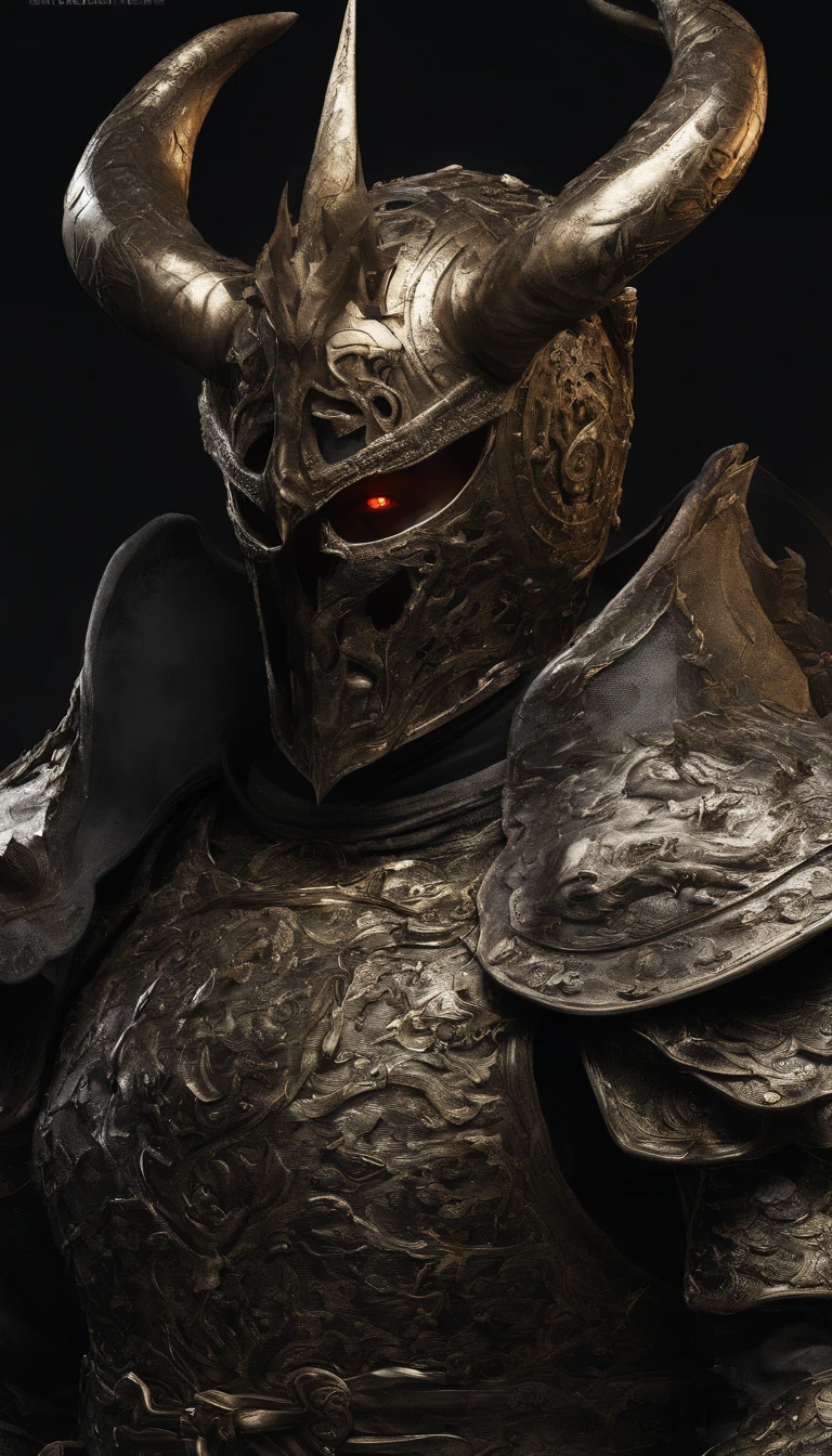 warrior, concept-art, author:Kishiganku, Fantasy art, battleground background, clean render, a horned, Wear a suit of armor, Detailed bushido form smoke, helmet of a forgotten deity, character is standing, 8k Realistic, in game render, detailed face background detail, Art station front page, taur, Pseudo-medieval fantasy, A deity wearing koi armor, detailed bronze armor, Bronze armor, golden etched armor, gold obsidian armor, Light gold armor, Gorgeous filigree armor, A demonic warrior, Gorgeous armor full of thorns, Intricate assasin armor, Intricate metal armor, powerful warrior, Dressed in gorgeous gold armor,Decorated with intricate patterns, The helmet has a large crown and two horns,Glowing red eyes, Everything is in the dark, The smoky background hints at battle scenes, Add an ominous aura to his character,submission, Full body shot.
