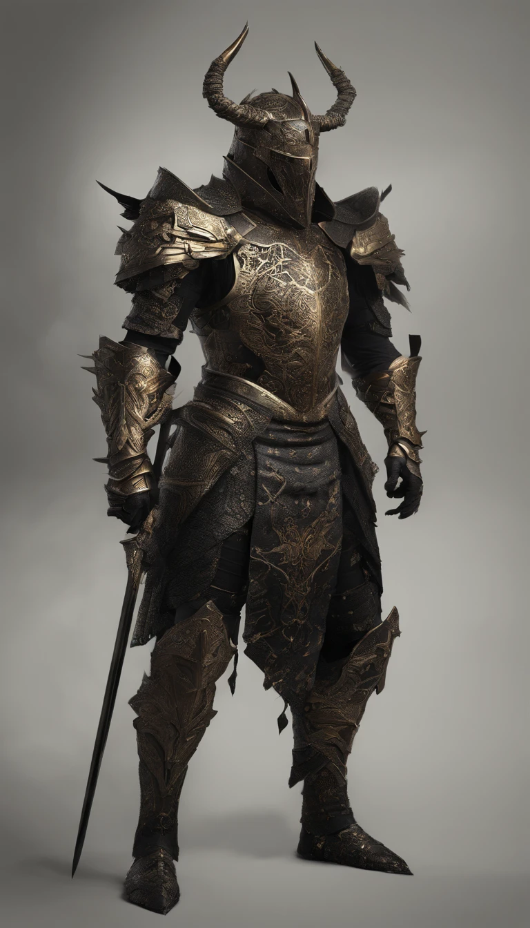 warrior, concept-art, author:Kishiganku, Fantasy art, battleground background, clean render, a horned, Wear a suit of armor, Detailed bushido form smoke, helmet of a forgotten deity, character is standing, 8k Realistic, in game render, detailed face background detail, Art station front page, taur, Pseudo-medieval fantasy, A deity wearing koi armor, detailed bronze armor, Bronze armor, golden etched armor, gold obsidian armor, Light gold armor, Gorgeous filigree armor, A demonic warrior, Gorgeous armor full of thorns, Intricate assasin armor, Intricate metal armor, powerful warrior, Dressed in gorgeous gold armor,Decorated with intricate patterns, The helmet has a large crown and two horns,Glowing red eyes, Everything is in the dark, The smoky background hints at battle scenes, Add an ominous aura to his character,submission, Full body shot.