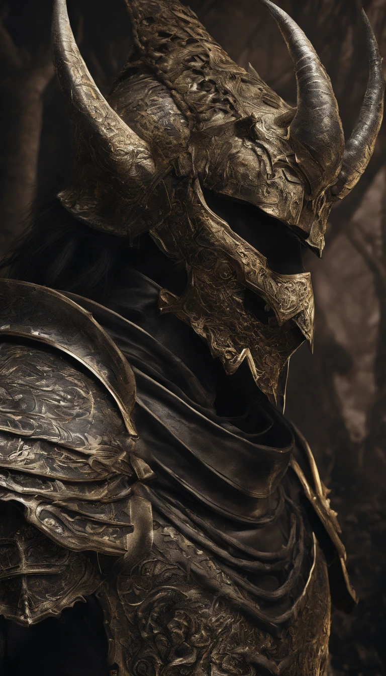 warrior, concept-art, author:Kishiganku, Fantasy art, battleground background, clean render, a horned, Wear a suit of armor, Detailed bushido form smoke, helmet of a forgotten deity, character is standing, 8k Realistic, in game render, detailed face background detail, Art station front page, taur, Pseudo-medieval fantasy, A deity wearing koi armor, detailed bronze armor, Bronze armor, golden etched armor, gold obsidian armor, Light gold armor, Gorgeous filigree armor, A demonic warrior, Gorgeous armor full of thorns, Intricate assasin armor, Intricate metal armor, powerful warrior, Dressed in gorgeous gold armor,Decorated with intricate patterns, The helmet has a large crown and two horns,Glowing red eyes, Everything is in the dark, The smoky background hints at battle scenes, Add an ominous aura to his character,submission, Full body shot.