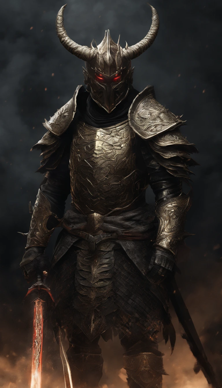 warrior, concept-art, author：Kishiganku, Fantasy art, battleground background, clean render, a horned, Wear a suit of armor, Detailed bushido form smoke, helmet of a forgotten deity, character is standing, 8k Realistic, in game render, detailed face background detail, Art station front page, taur, Pseudo-medieval fantasy, A deity wearing koi armor, detailed bronze armor, Bronze armor, golden etched armor, gold obsidian armor, Light gold armor, Gorgeous filigree armor, A demonic warrior, Gorgeous armor full of thorns, Intricate assasin armor, Intricate metal armor, powerful warrior, Dressed in gorgeous gold armor，Decorated with intricate patterns, The helmet has a large crown and two horns,Glowing red eyes， Everything is in the dark, The smoky background hints at battle scenes, Add an ominous aura to his character，submission, Full body shot.