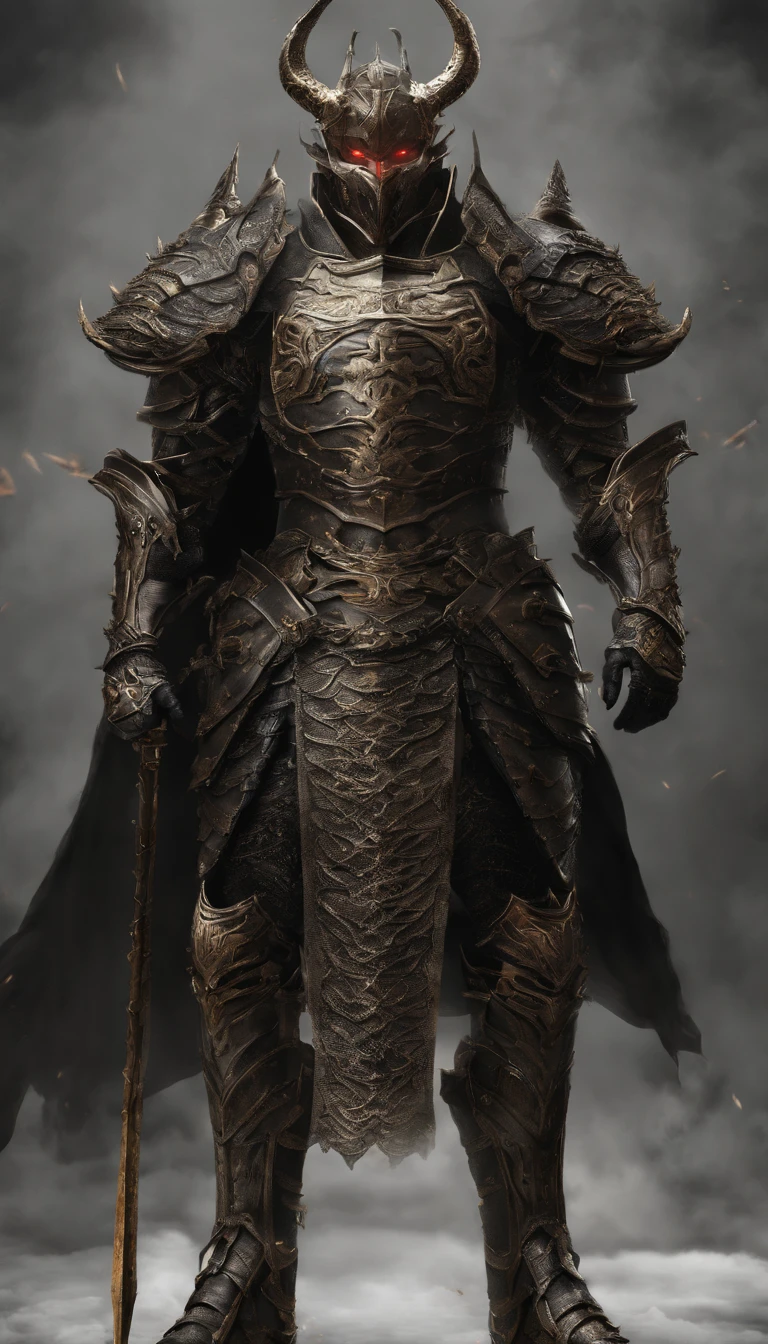 warrior, concept-art, author:Kishiganku, Fantasy art, battleground background, clean render, a horned, Wear a suit of armor, Detailed bushido form smoke, helmet of a forgotten deity, character is standing, 8k Realistic, in game render, detailed face background detail, Art station front page, taur, Pseudo-medieval fantasy, A deity wearing koi armor, detailed bronze armor, Bronze armor, golden etched armor, gold obsidian armor, Light gold armor, Gorgeous filigree armor, A demonic warrior, Gorgeous armor full of thorns, Intricate assasin armor, Intricate metal armor, powerful warrior, Dressed in gorgeous gold armor,Decorated with intricate patterns, The helmet has a large crown and two horns,Glowing red eyes, Everything is in the dark, The smoky background hints at battle scenes, Add an ominous aura to his character,submission, Full body shot.
