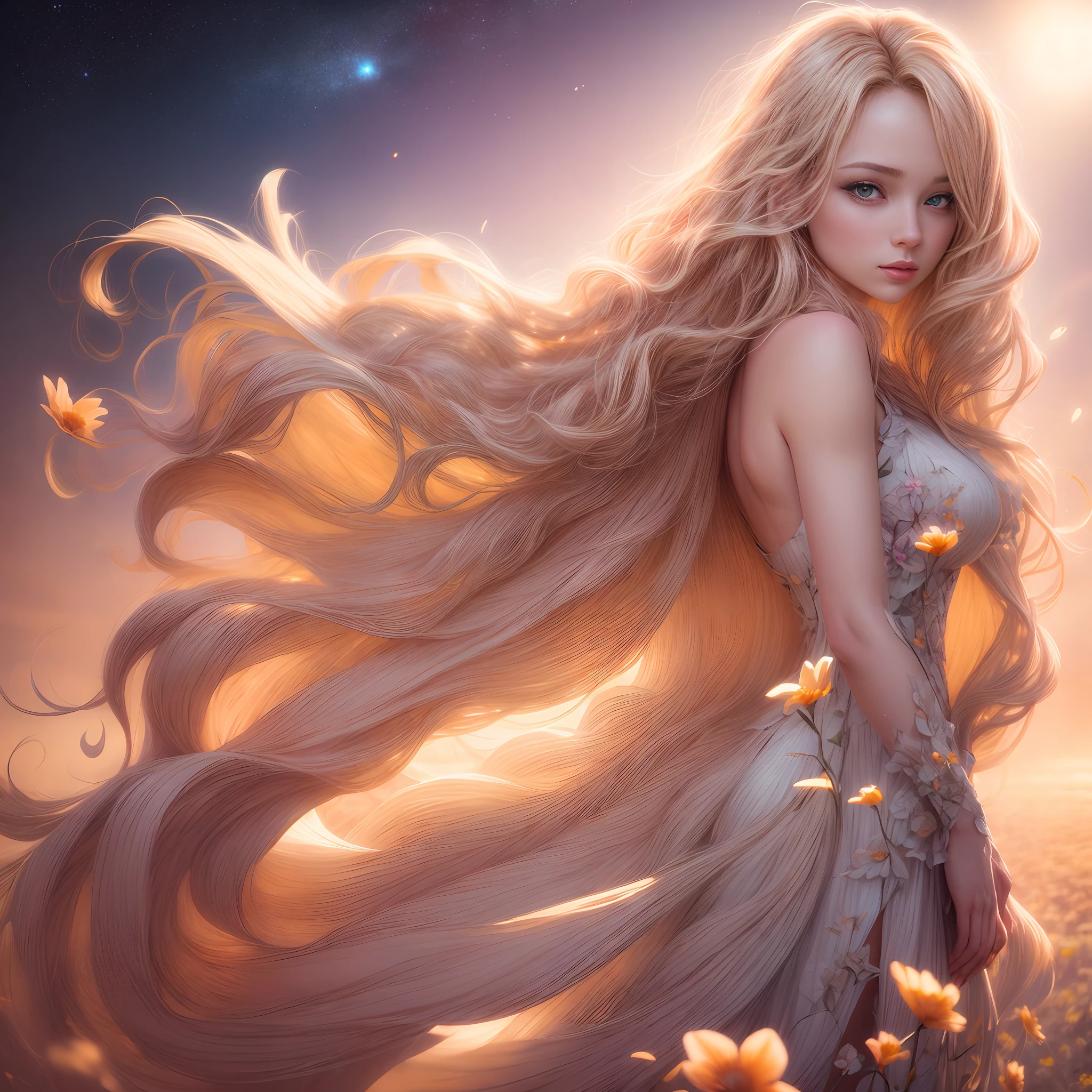 (best quality, masterpiece), young woman, pose, particle, wind, flower, upper body, simple background, looking at viewer, long curly windblown blonde hair, galaxy,backlit,rimlight,beautiful artwork,perfect composition