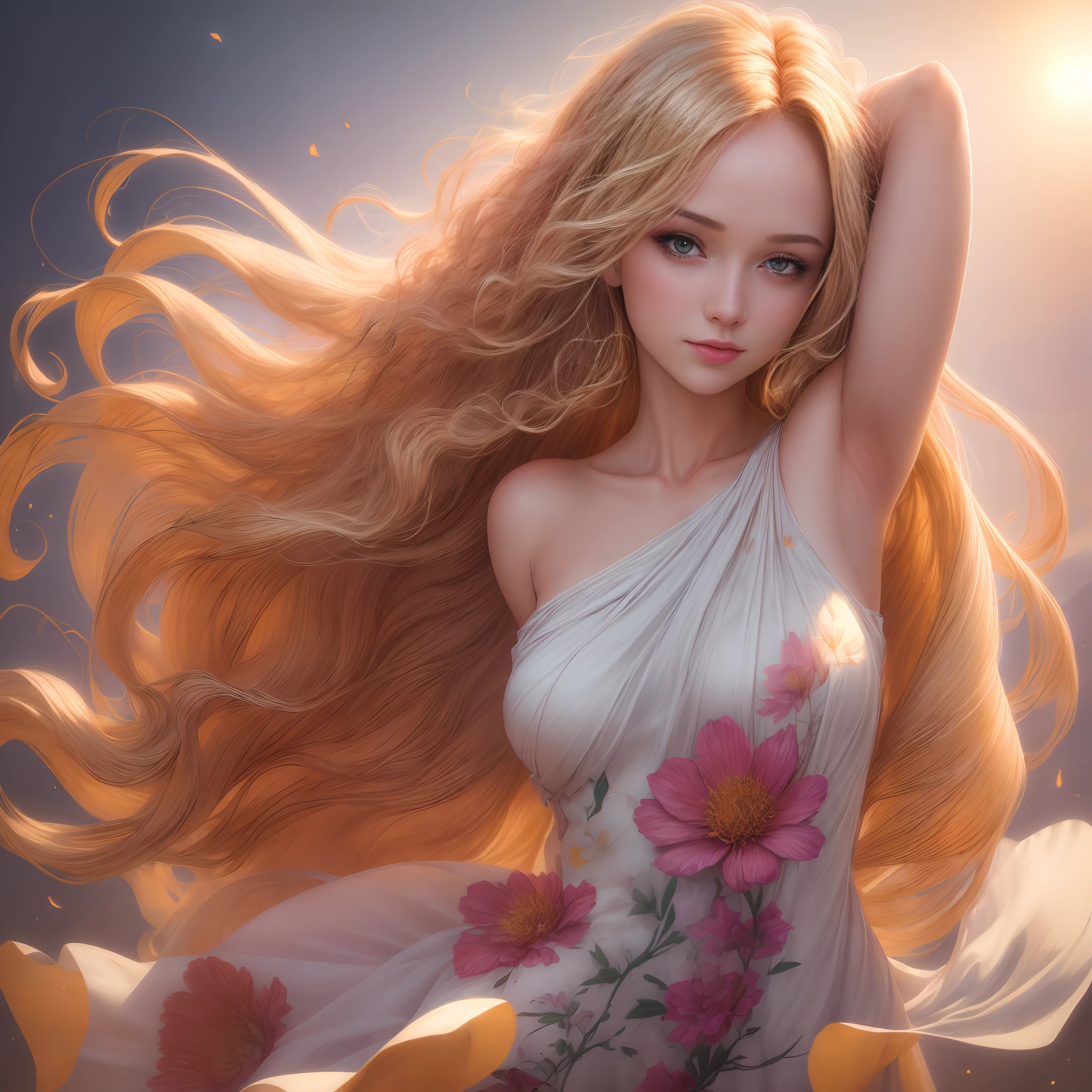 (best quality, masterpiece), young woman, pose, particle, wind, flower, upper body, simple background, looking at viewer, long curly windblown blonde hair, galaxy,backlit,rimlight,beautiful artwork,perfect composition