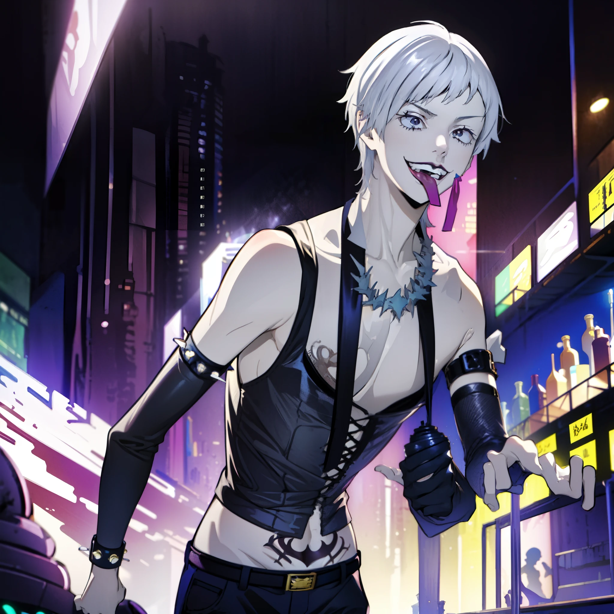 ((1 boy , Solo)) ((anatomically accurate)), Highest quality, high Aesthetic ((Masterpiece))
(RockOfSuccubus), Midriff, belt, pants, (tattoo:1.1), pubic tattoo,makeup, (colored skin:1.3), (lips), (black lips:1.3),(lipstick), (pale skin:1.5),cross-laced clothes,Punk Clothes (spiked bracelet), necklace, Atsushi Nakajima, Grinning ,(( mouth open Tounge out )), Devil horns hand sign, (( Asymmetrical White  hair)), Rock concert Background))
