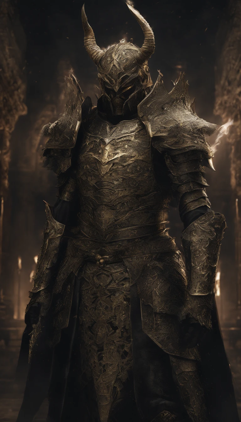 warrior, concept-art, author:Kishiganku, Fantasy art, battleground background, clean render, a horned, Wear a suit of armor, Detailed bushido form smoke, helmet of a forgotten deity, character is standing, 8k Realistic, in game render, detailed face background detail, Art station front page, taur, Pseudo-medieval fantasy, A deity wearing koi armor, detailed bronze armor, Bronze armor, golden etched armor, gold obsidian armor, Light gold armor, Gorgeous filigree armor, A demonic warrior, Gorgeous armor full of thorns, Intricate assasin armor, Intricate metal armor, powerful warrior, Dressed in gorgeous gold armor,Decorated with intricate patterns, The helmet has a large crown and two horns,Glowing red eyes, Everything is in the dark, The smoky background hints at battle scenes, Add an ominous aura to his character,submission, Full body shot.