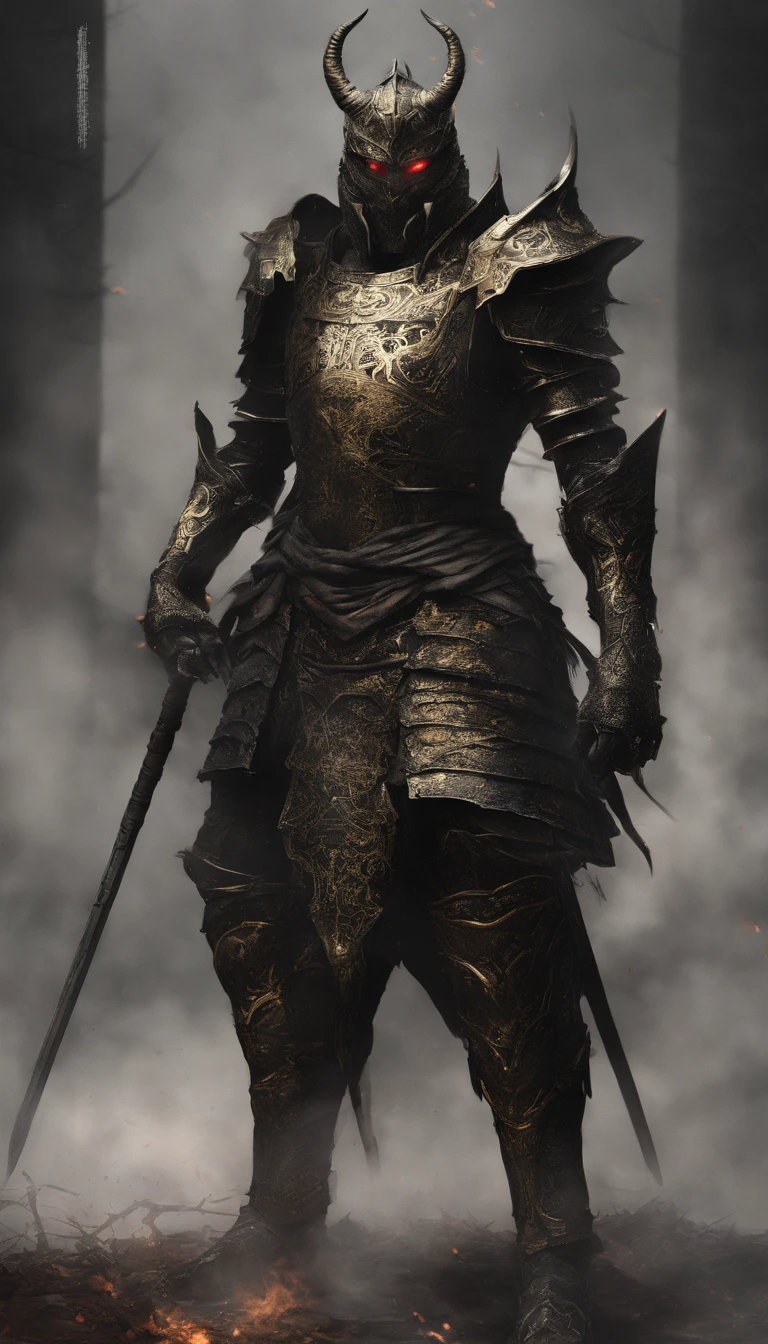 warrior, concept-art, author:Kishiganku, Fantasy art, battleground background, clean render, a horned, Wear a suit of armor, Detailed bushido form smoke, helmet of a forgotten deity, character is standing, 8k Realistic, in game render, detailed face background detail, Art station front page, taur, Pseudo-medieval fantasy, A deity wearing koi armor, detailed bronze armor, Bronze armor, golden etched armor, gold obsidian armor, Light gold armor, Gorgeous filigree armor, A demonic warrior, Gorgeous armor full of thorns, Intricate assasin armor, Intricate metal armor, powerful warrior, Dressed in gorgeous gold armor,Decorated with intricate patterns, The helmet has a large crown and two horns,Glowing red eyes, Everything is in the dark, The smoky background hints at battle scenes, Add an ominous aura to his character,submission, Full body shot.
