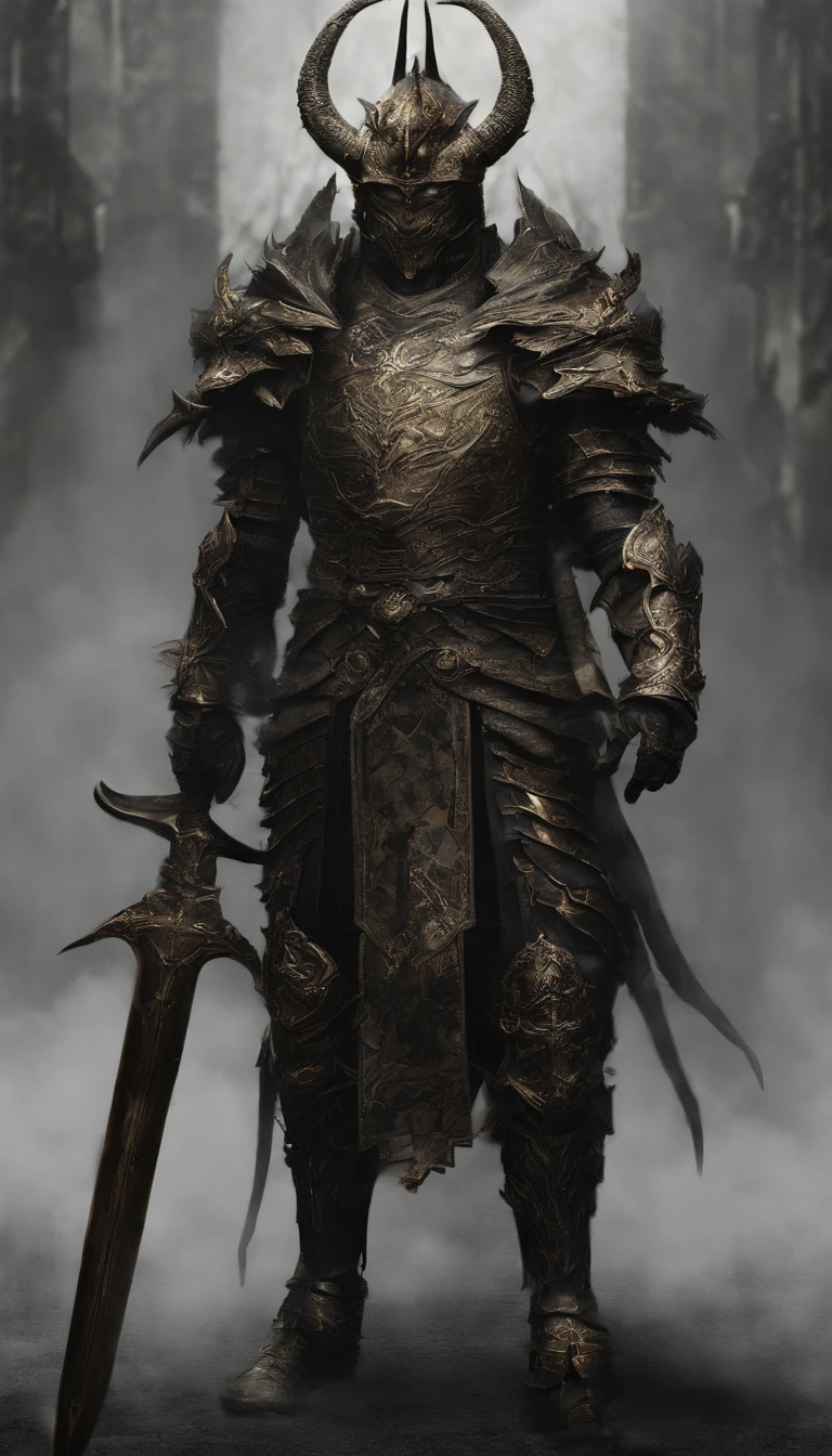 warrior, concept-art, author:Kishiganku, Fantasy art, battleground background, clean render, a horned, Wear a suit of armor, Detailed bushido form smoke, helmet of a forgotten deity, character is standing, 8k Realistic, in game render, detailed face background detail, Art station front page, taur, Pseudo-medieval fantasy, A deity wearing koi armor, detailed bronze armor, Bronze armor, golden etched armor, gold obsidian armor, Light gold armor, Gorgeous filigree armor, A demonic warrior, Gorgeous armor full of thorns, Intricate assasin armor, Intricate metal armor, powerful warrior, Dressed in gorgeous gold armor,Decorated with intricate patterns, The helmet has a large crown and two horns,Glowing red eyes, Everything is in the dark, The smoky background hints at battle scenes, Add an ominous aura to his character,submission, Full body shot.