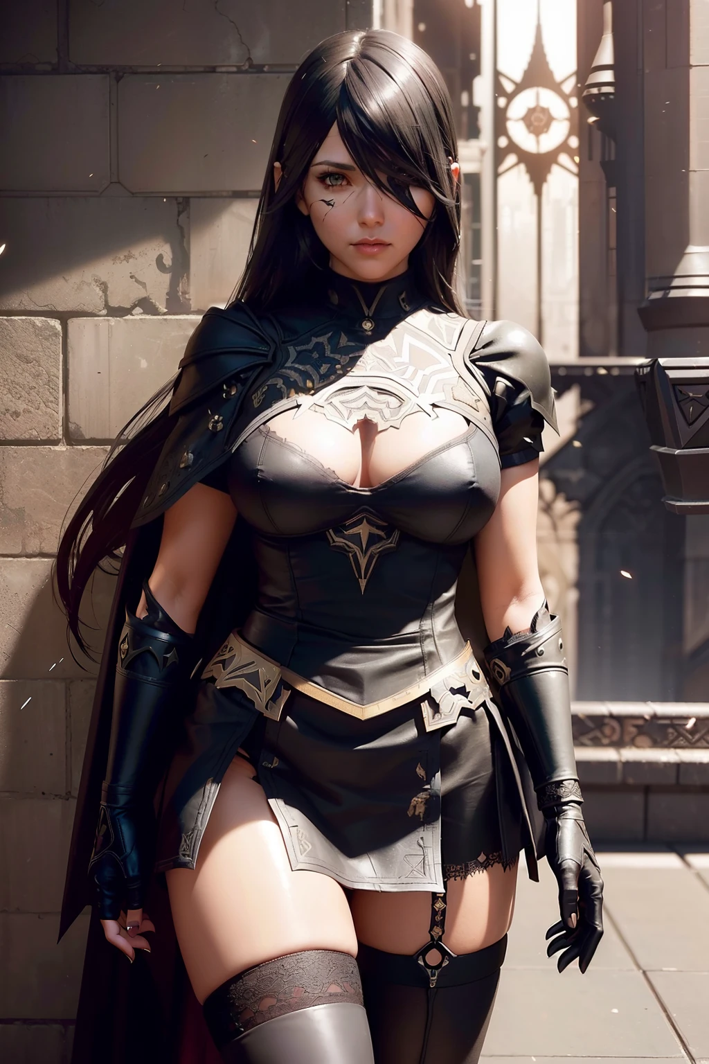 A beauty girl Style by Raymond Swanland, Supergirl in ornate black & golden armor & black cape (((in aesthetic Nier Automata))), (((seen from face to thighs view)))