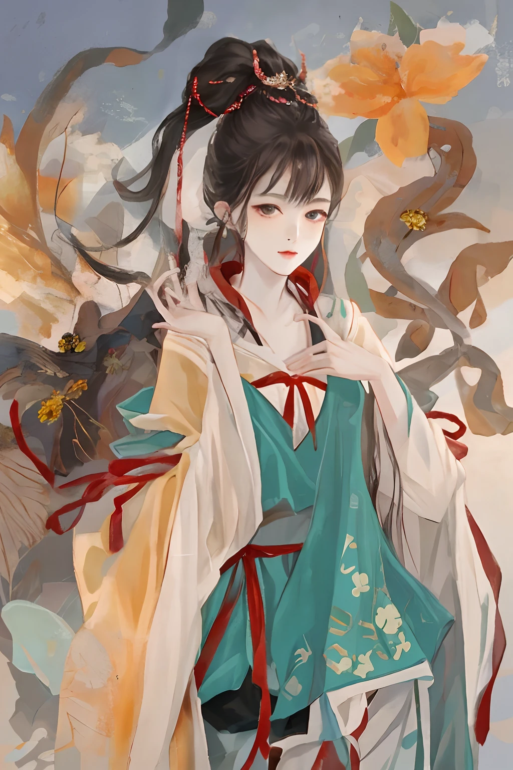 An ancient Chinese beauty sitting on a stone, wearing ancient Chinese clothing, flowing tulle, light silk, lazy posture, large lotus leaf, lotus, ink painting style, clean color, decisive cutting, blank, freehand, masterpiece, super detailed, epic composition, high quality, the highest quality, 4k --v 6