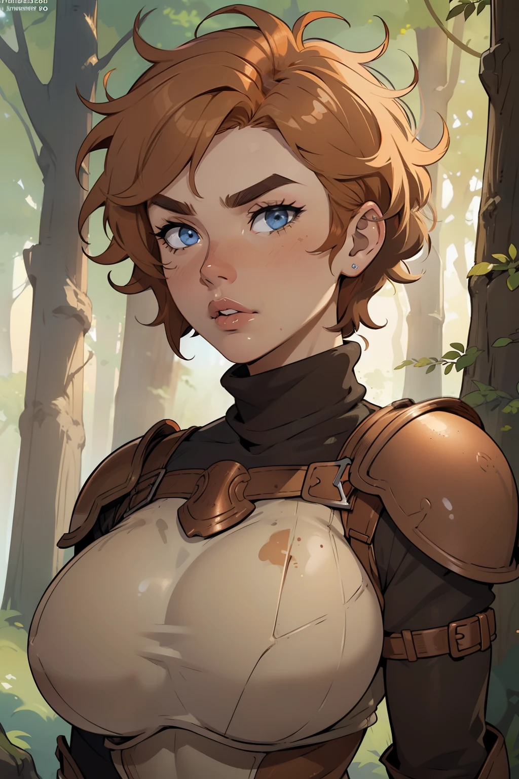 Solo, female, (((short hair, messy hair, stubby eyebrows))), copper armor, tan tunic, tan skin, ginger hair, ginger eyes, wide eyes, nervous, scared, thick lips, lipstick, forest, big breasts, turtleneck, copper chestpiece, copper shoulderpads, pale blue eyes