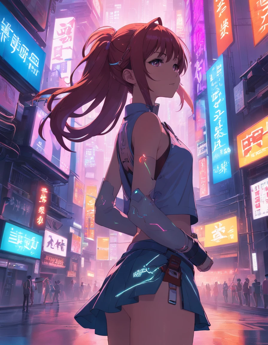 cyberpunk city landscape Nyonix, cyberpunk anime girl Wearing a short skirt,Red Panties,posing from behind in metropolis with a rebellious spirit. Her hair seemed to dance under neon lights, The color changes with each heartbeat. Her costume is a fusion of wires, circuit, and urban fashion, Decorated with neon signs，Twinkle like a city light. Nyonix exudes an aura of technical prowess, As if she could invade the cities around her. In her presence, Cyberpunk cityscapes come to life, The holographic billboard changes to show her message，The air was filled with mechanical hums and slogans of protest, Detailed Features, Detailed Face, Detailed Hands --niji 5 --s 750