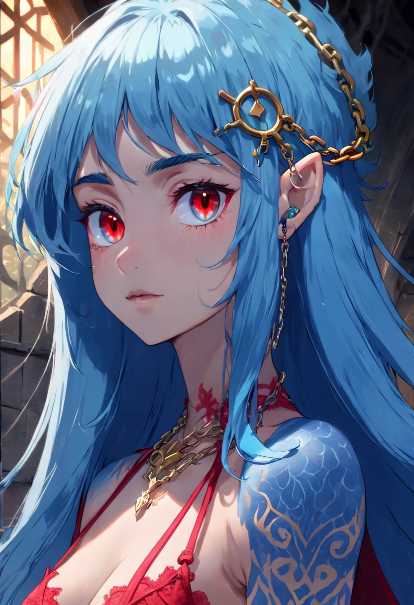 ((silver hair)), (elf), ((((sensual skin)))), (((((((blue skin texture))))))), Perfect female face, (((red eyes))), ((((eyes shining)))), ((covered in chains)), ((large breast)), dominant, ((Mock Neck large open cut top)), (((sheer Crop Top))), ((Red Lace)), (wet:1.4), (full view), (((Dungeon))), high quality fingers, normal hands, detailed fingers, masterpiece, (realistic, photo-realistic:1), beautiful face, perfect illumination, beautiful detailed eyes, stunningly beautiful woman, detailed hairstyle, detailed background,