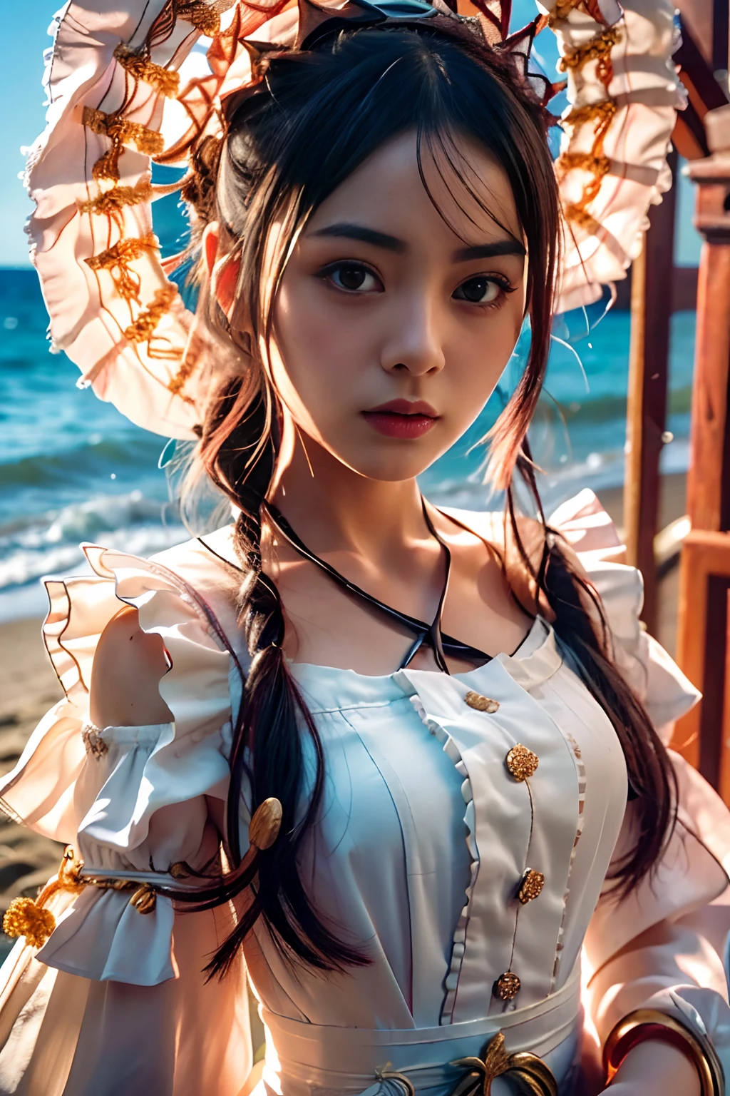 Best Quality, ultra hi res, photoreaslistic, fullnude、a photography of a beautiful woman, Teens in their 30s, Detailed face, Black nasty fishtail blade, (detailed porcelain doll,delicate clothes with a lot of frills and ribbons), Beach, (close up of face), Seductive look, Looking at Viewer